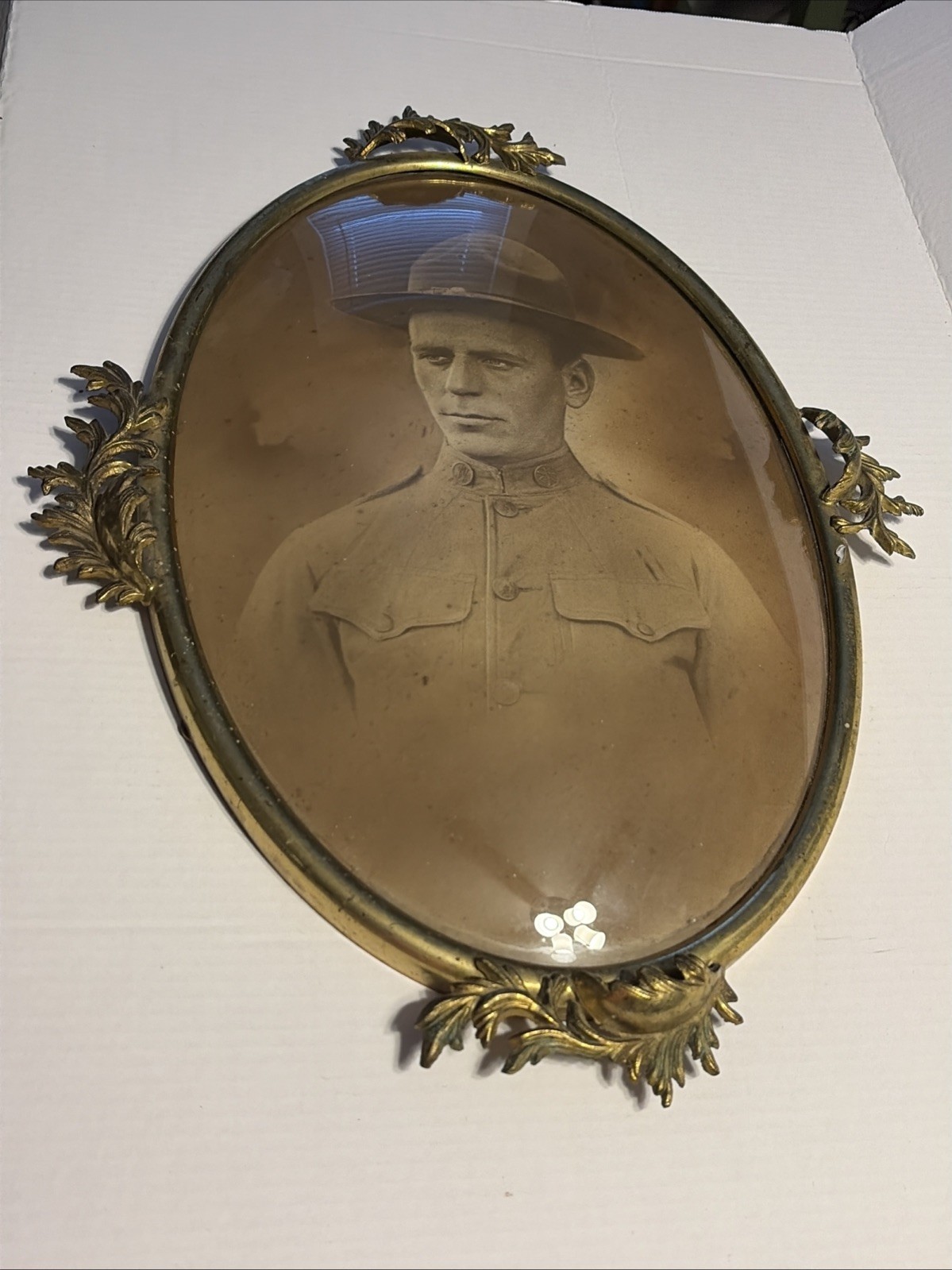 Antique Frame Photograph Military WW1 Era 23×18!! Metal Frame, Bubble glass!!