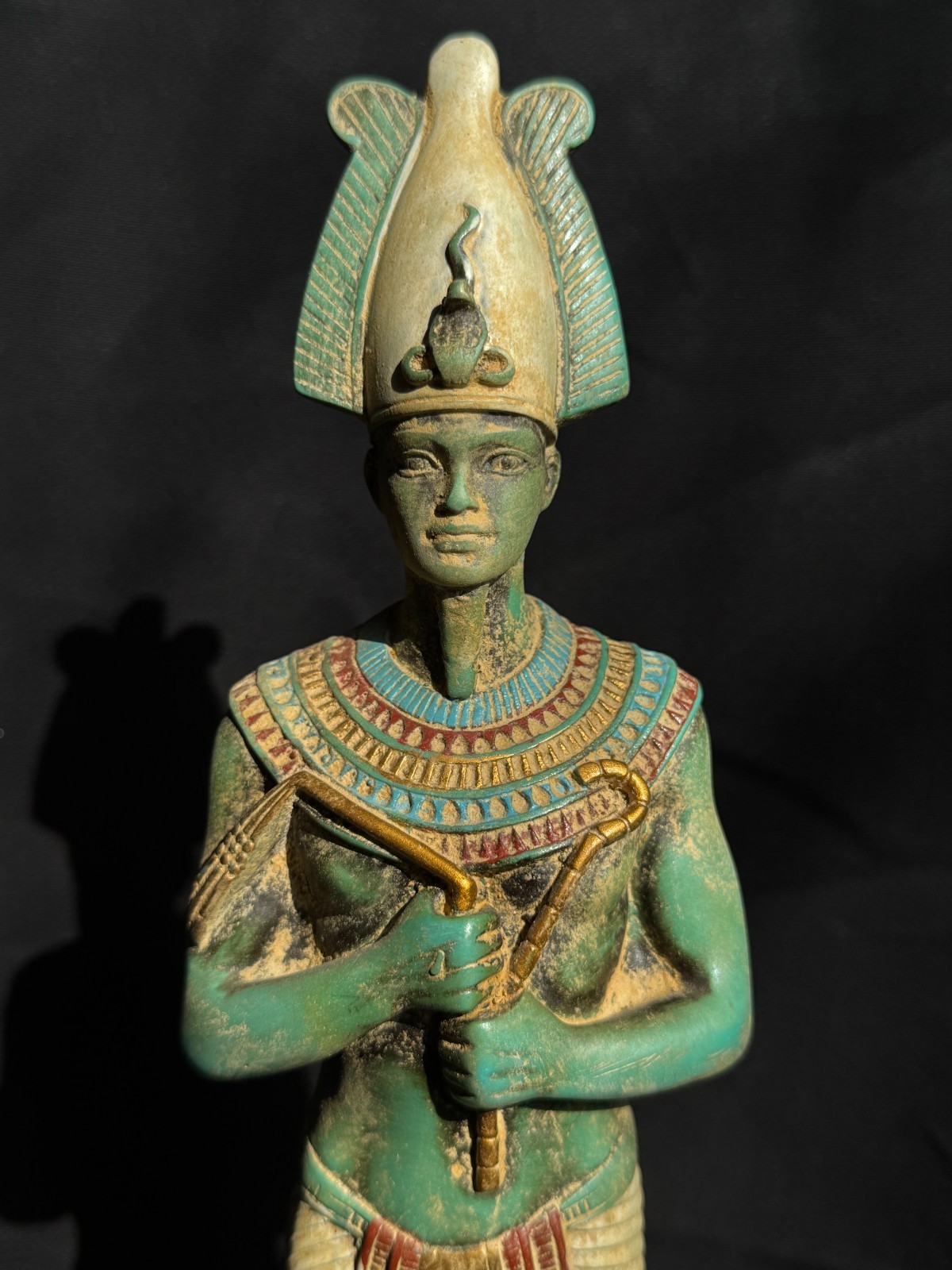 Ancient Egyptian Osiris Statue Figurine – Green and Gold Pharaoh God