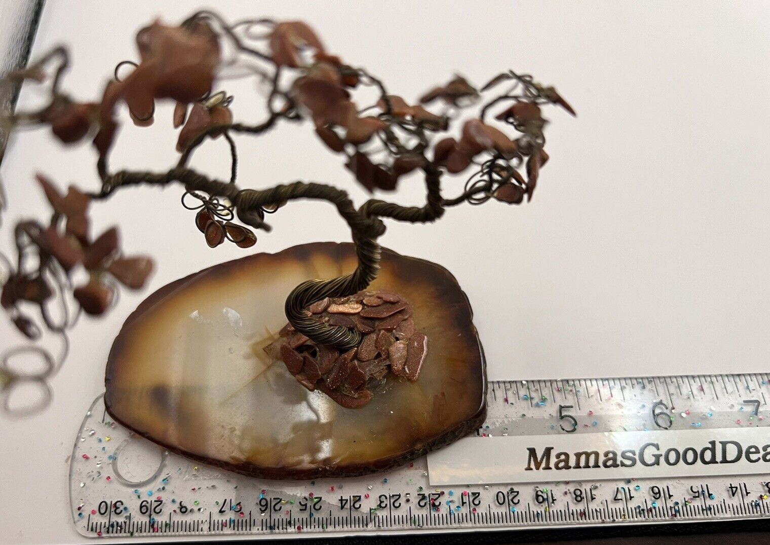 Wire Sculpture Bonsai Tree Agate Base Birthstone Gemstone Brown Decor Nature