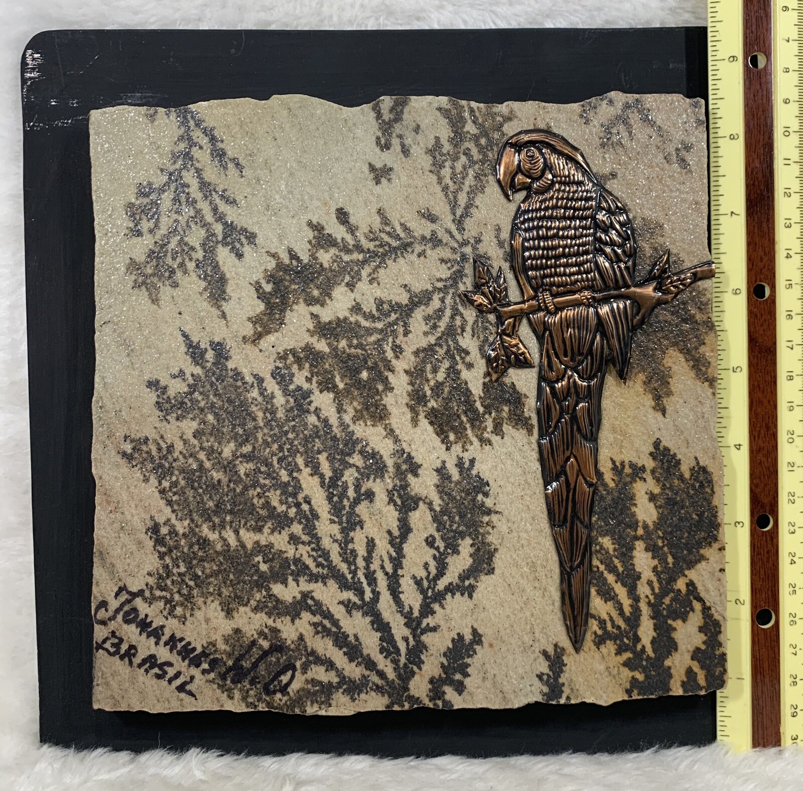 JOHANNES WILHELMUS VAN DARTELEN Copper Parrot Brazil on fossilized stone art Vtg