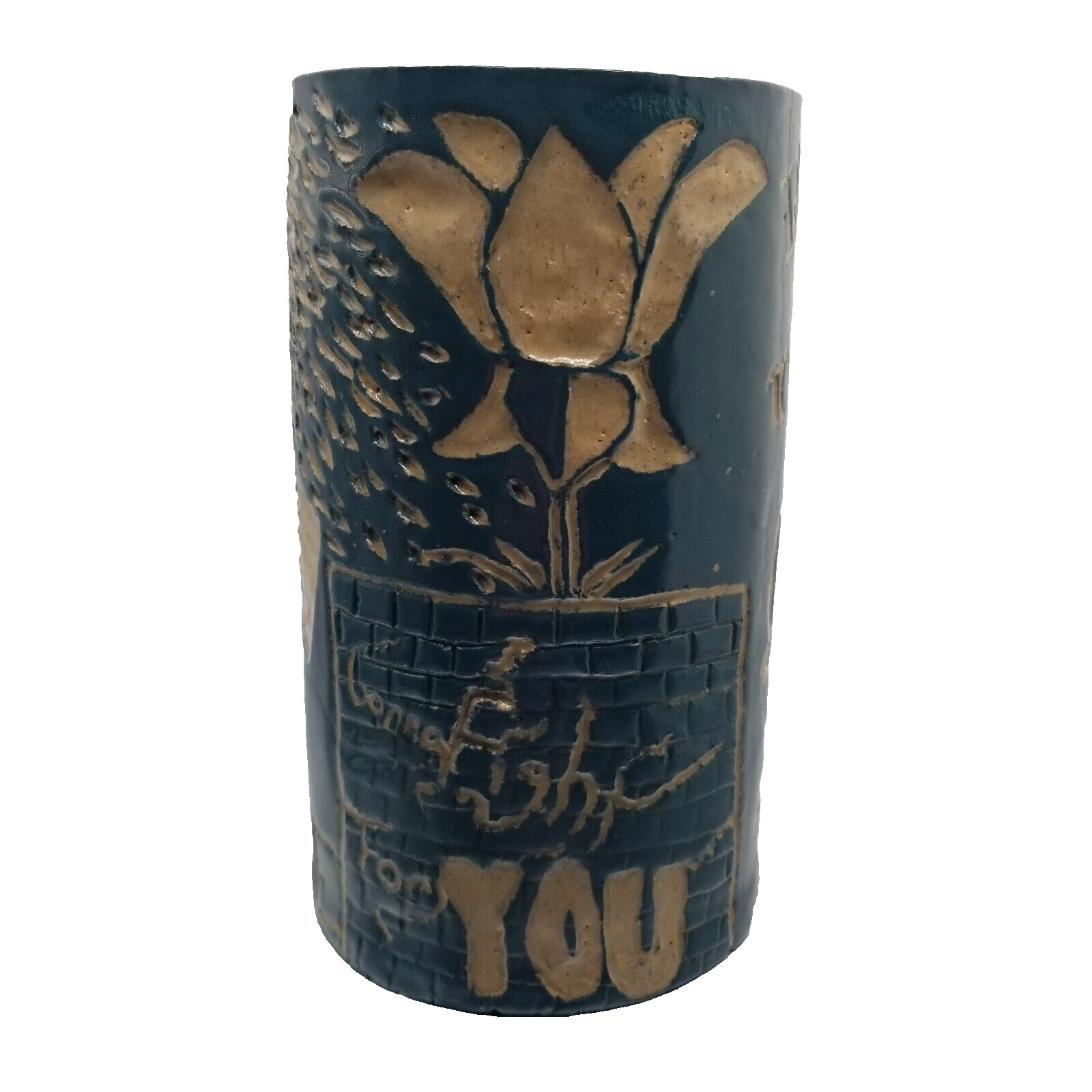 Inspirational Art Pottery Canister Art Piece Carved Message Hope Signed Blue 6&Prime;