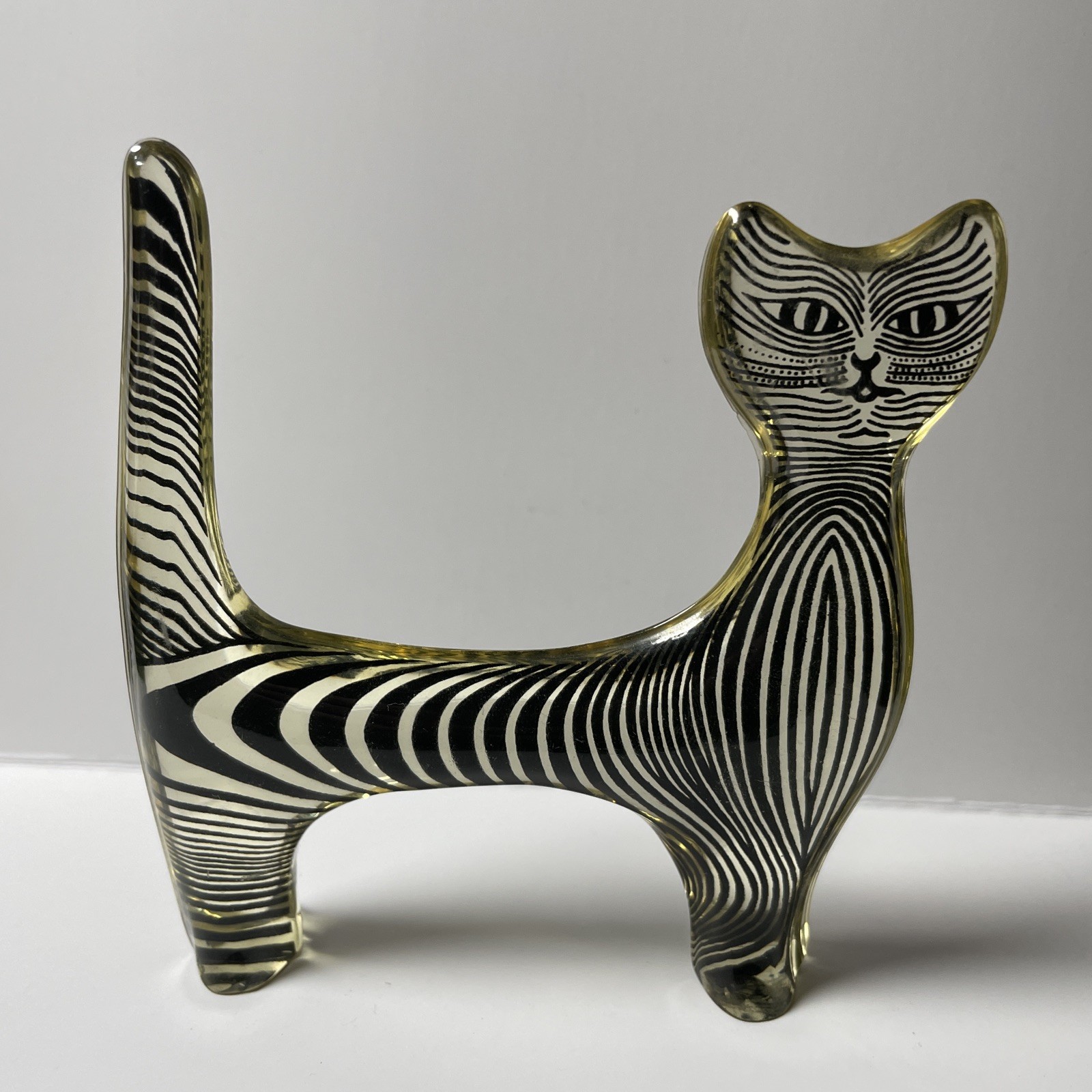 Vintage MCM Abraham Palatnik Lucite Standing Black Stripped Cat 3.5” Brazil