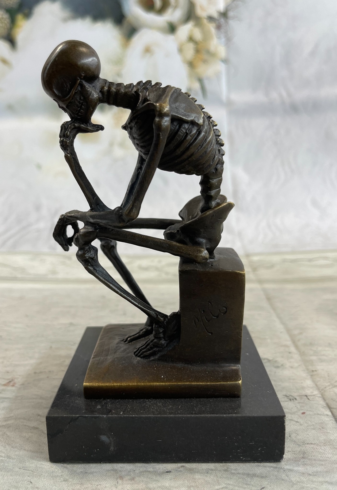 MODERN ART SOLID BRONZE « SKELETON THINKER » SIGNED MILO HOT CAST MARBLE FIGURI