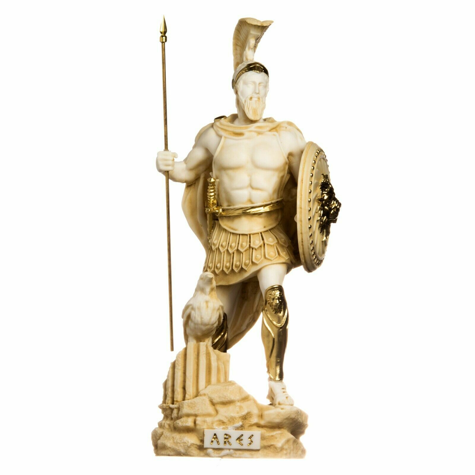 Ares Mars God of War Zeus Son Roman Statue Alabaster Gold Tone 14.56inch