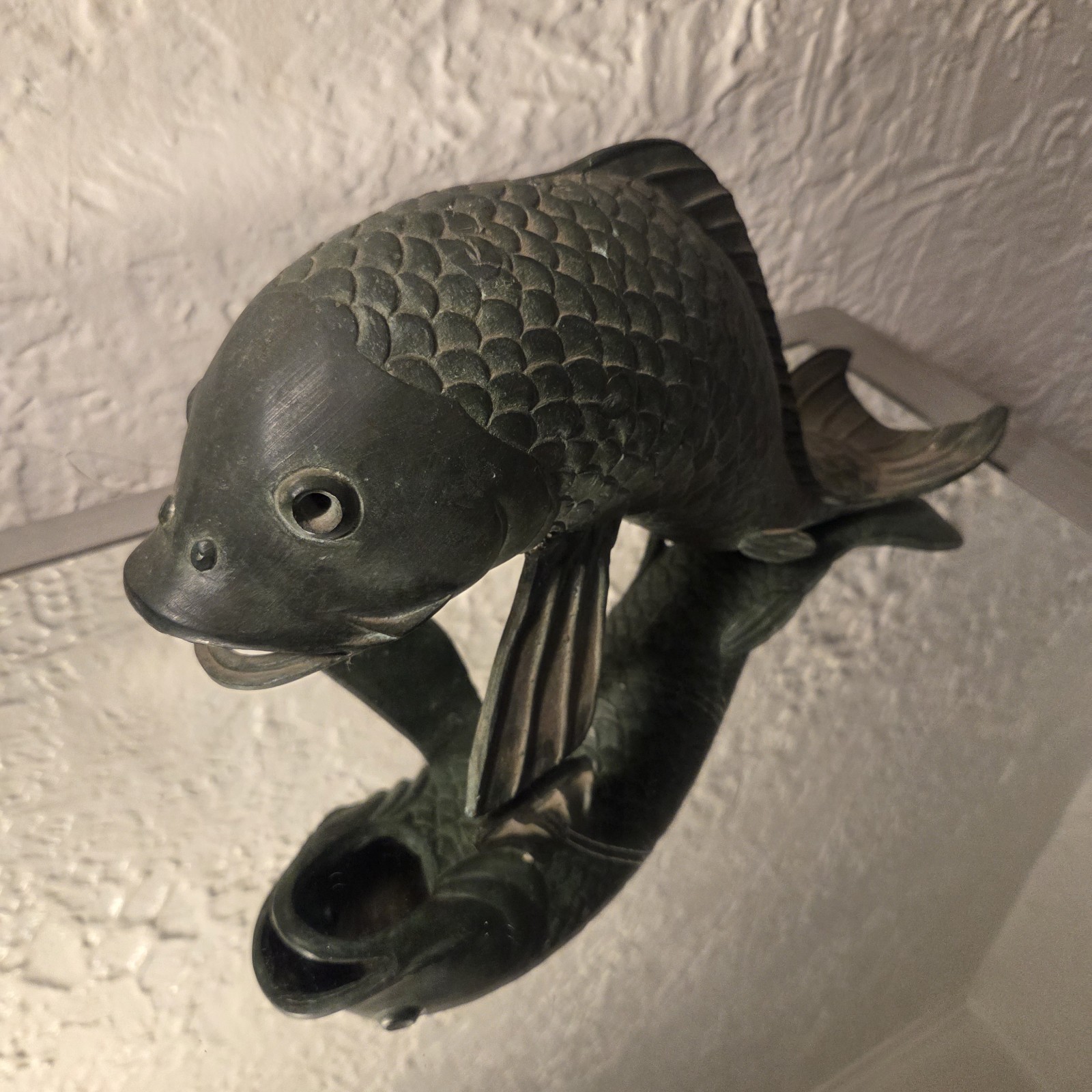 Vintage Bronze Koi Fish Fountain Sculpture with Open Mouth