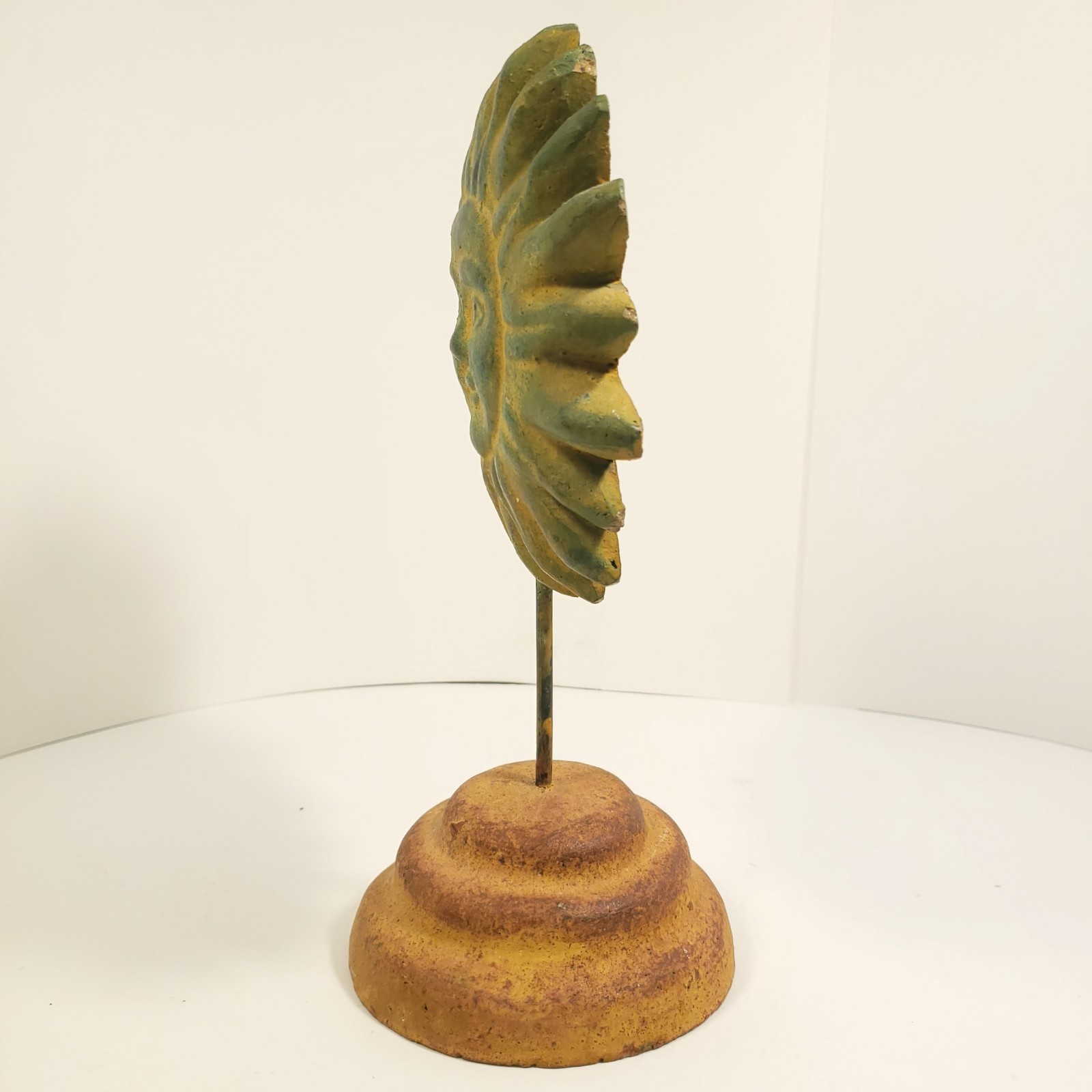 Cast Stoneware Art Sun Face and Base Folk Sculpture on Metal Post Indoor Outdoor