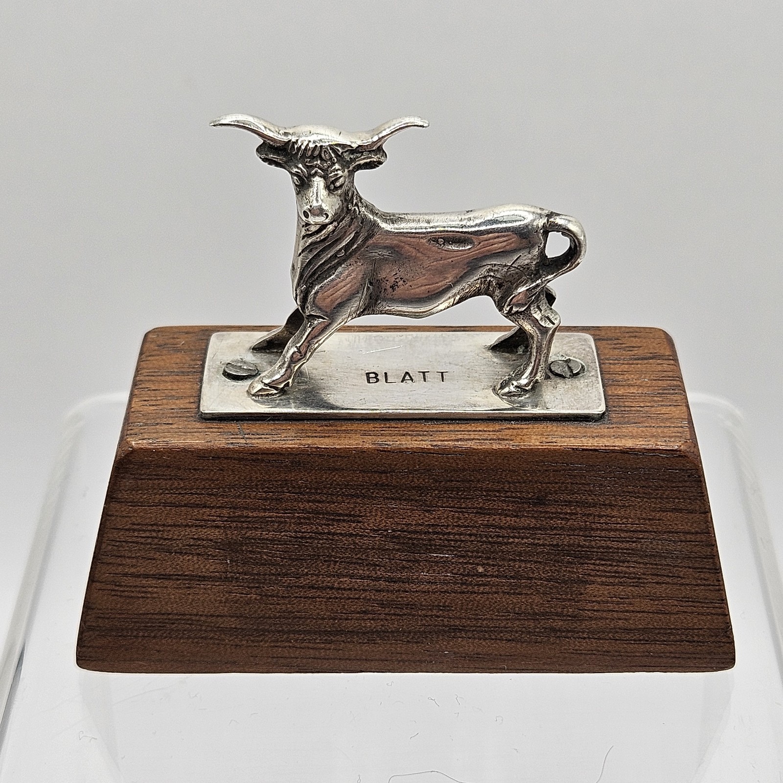 Rare Vintage Sterling Silver & Wood Bull Trophy « Blatt » 3D Figural Sculpture