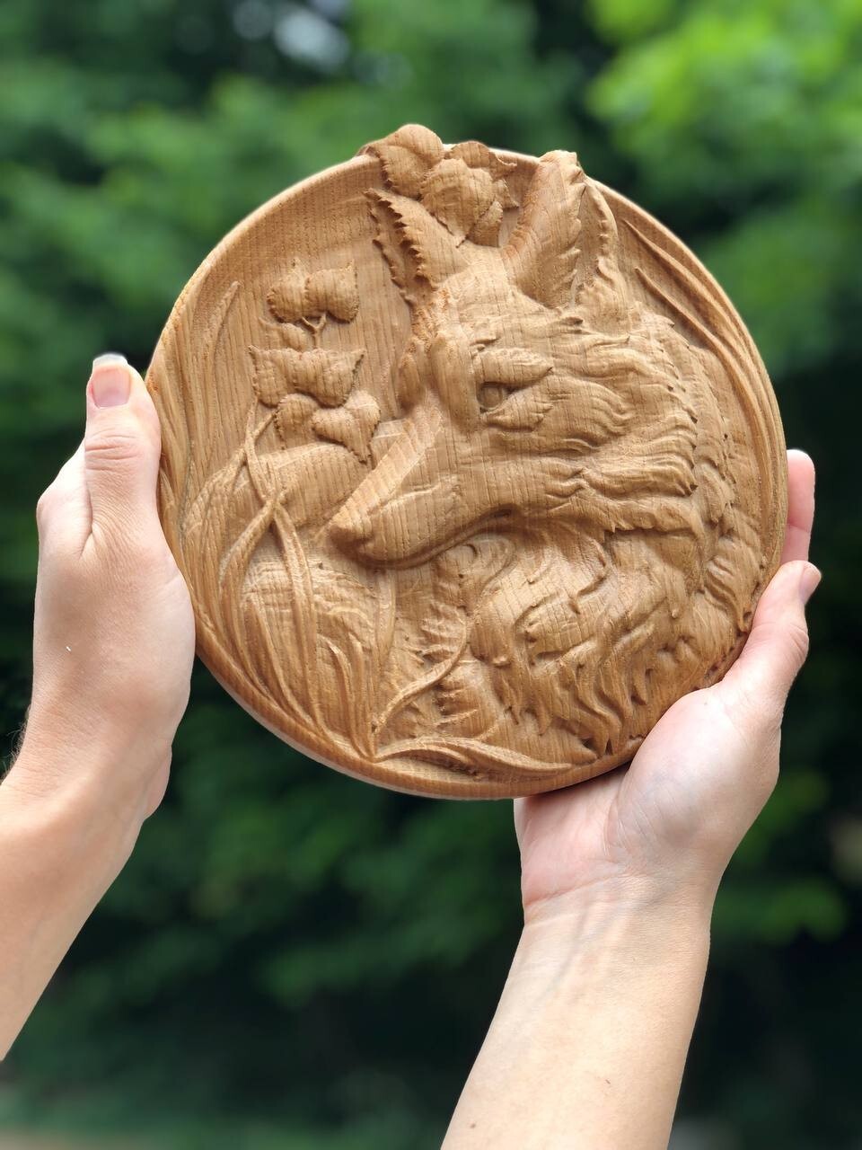 Fox animals ornament wood carved plaque wall hanging art work home decor