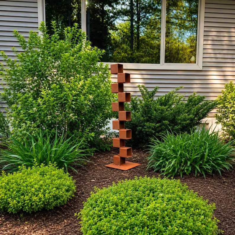 Tall Geometric Garden Sculpture – 45” Rusted Steel Cube Column, Modern Yard Art