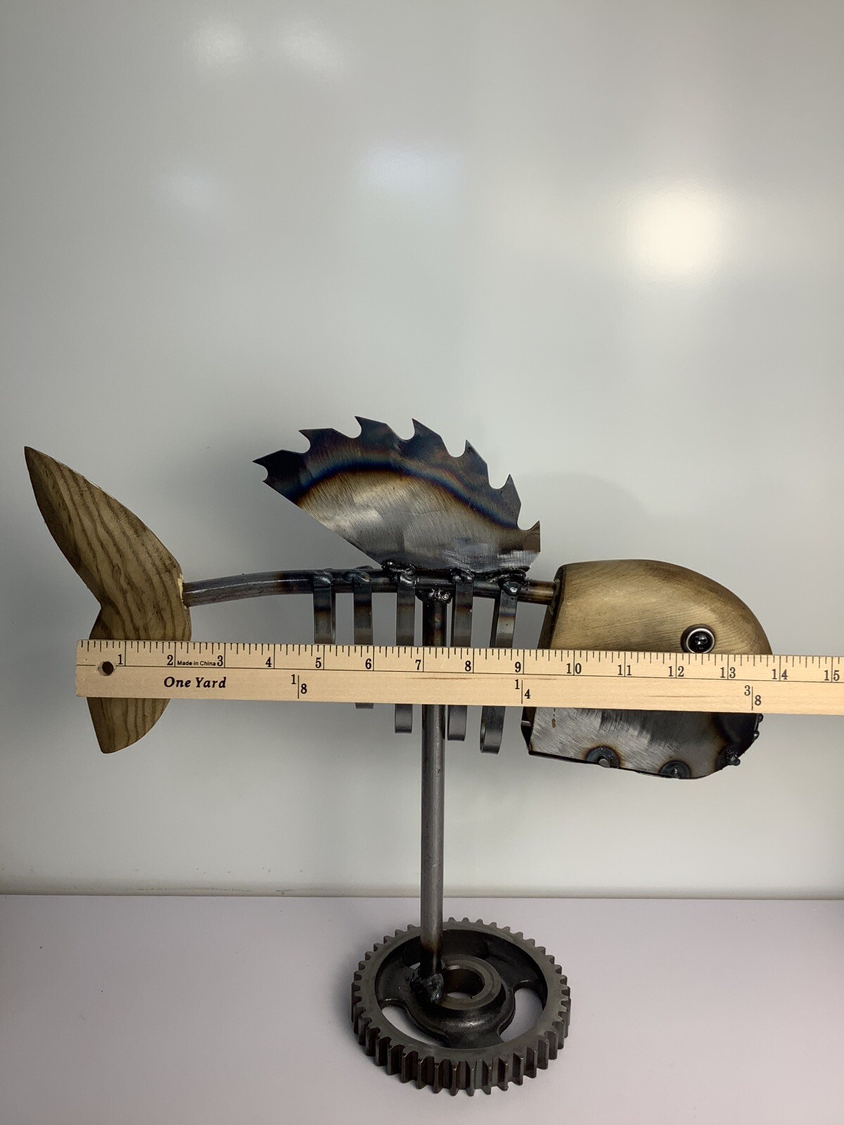 Rare One of a Kind Metal Art Fish With Wooden Head And Tail Handmade 14&Prime; x 14&Prime;