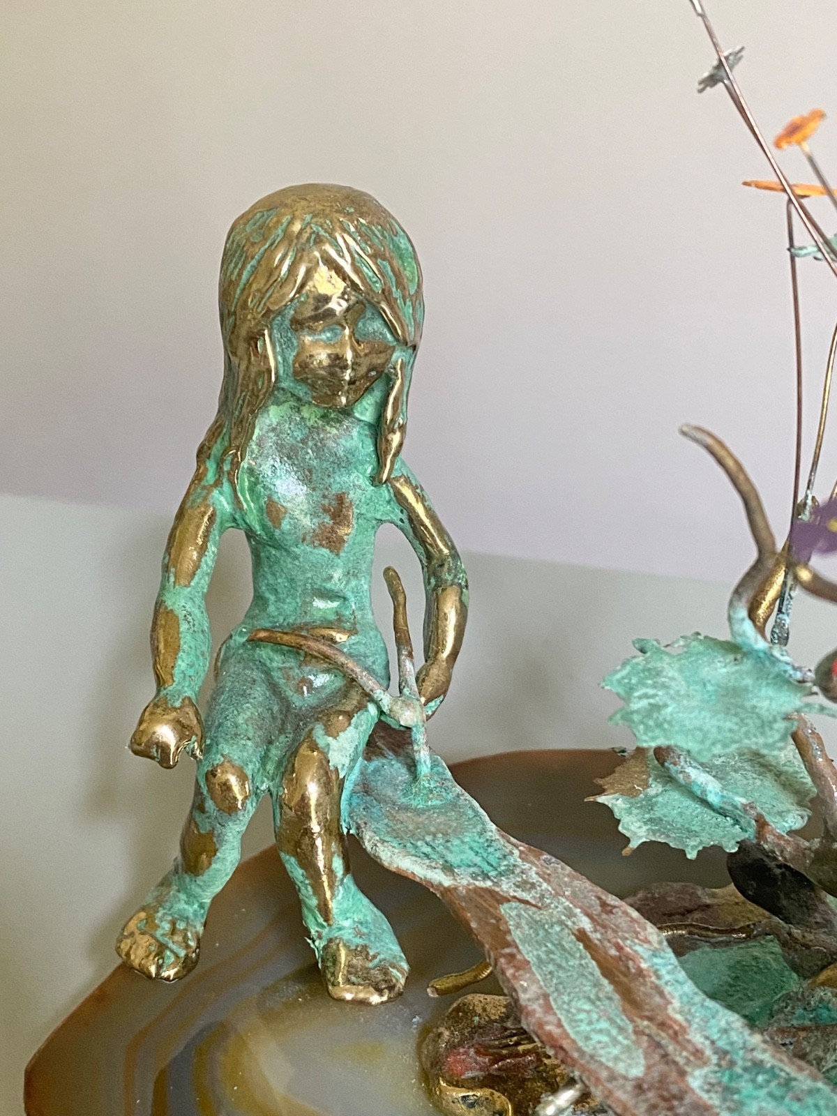 Malcolm Moran 1972 Bronze Sculpture Boy & Girl Seesaw on Mineral Slab w Flowers