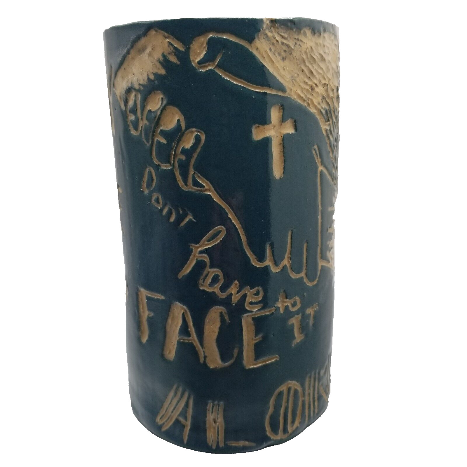 Inspirational Art Pottery Canister Art Piece Carved Message Hope Signed Blue 6&Prime;