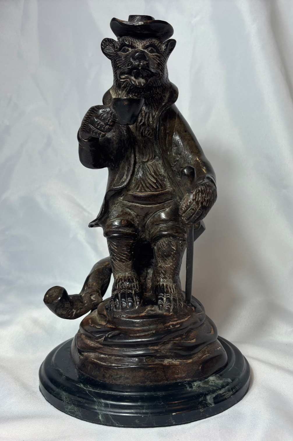 Bronze Bear W/ Cane & Hat Anthropomorphic Statue Drinking Coffee Marble Pedestal