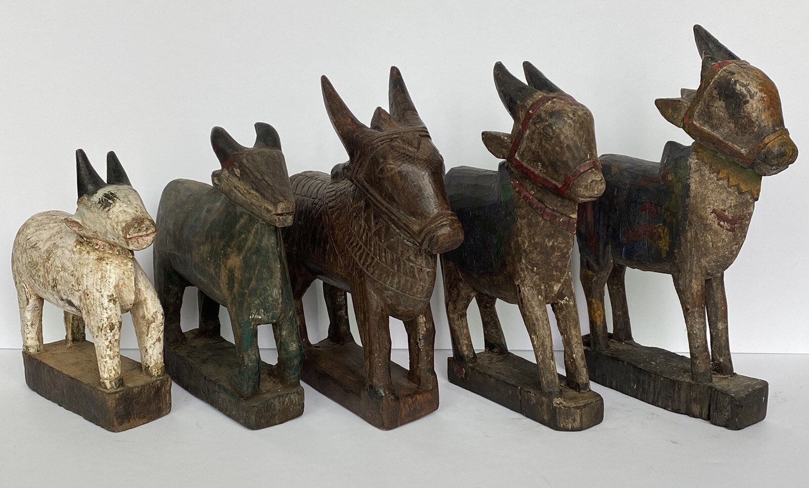 Lot Of 5 Antique 19th-20th Century India Carved Wood Hand Painted Bull Sculpture