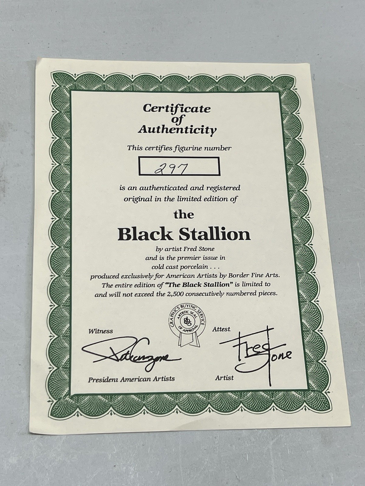 Fred Stone Hand Painted Black Stallion Figurine #297 of 2500