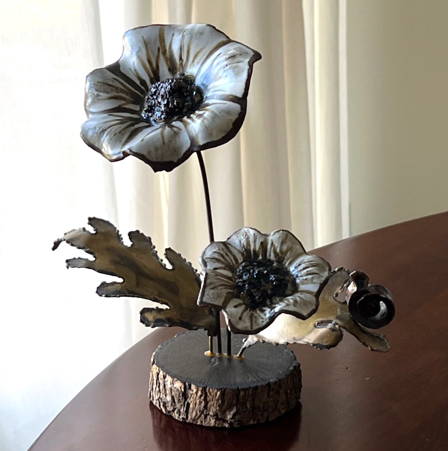 Vintage Flowers Snail Kinetic Sculpture Copper Ceramic Wood Winifred Cole 10&Prime;
