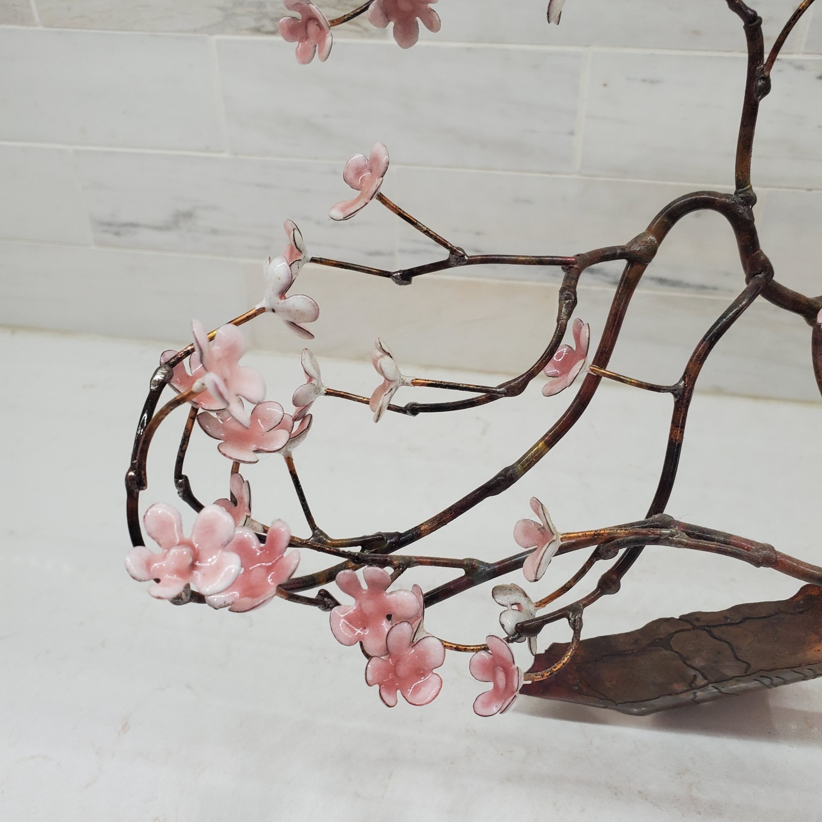 Bovano of Cheshire Blooming Bonsai Metal Tree Sculpture Pink White Flowers