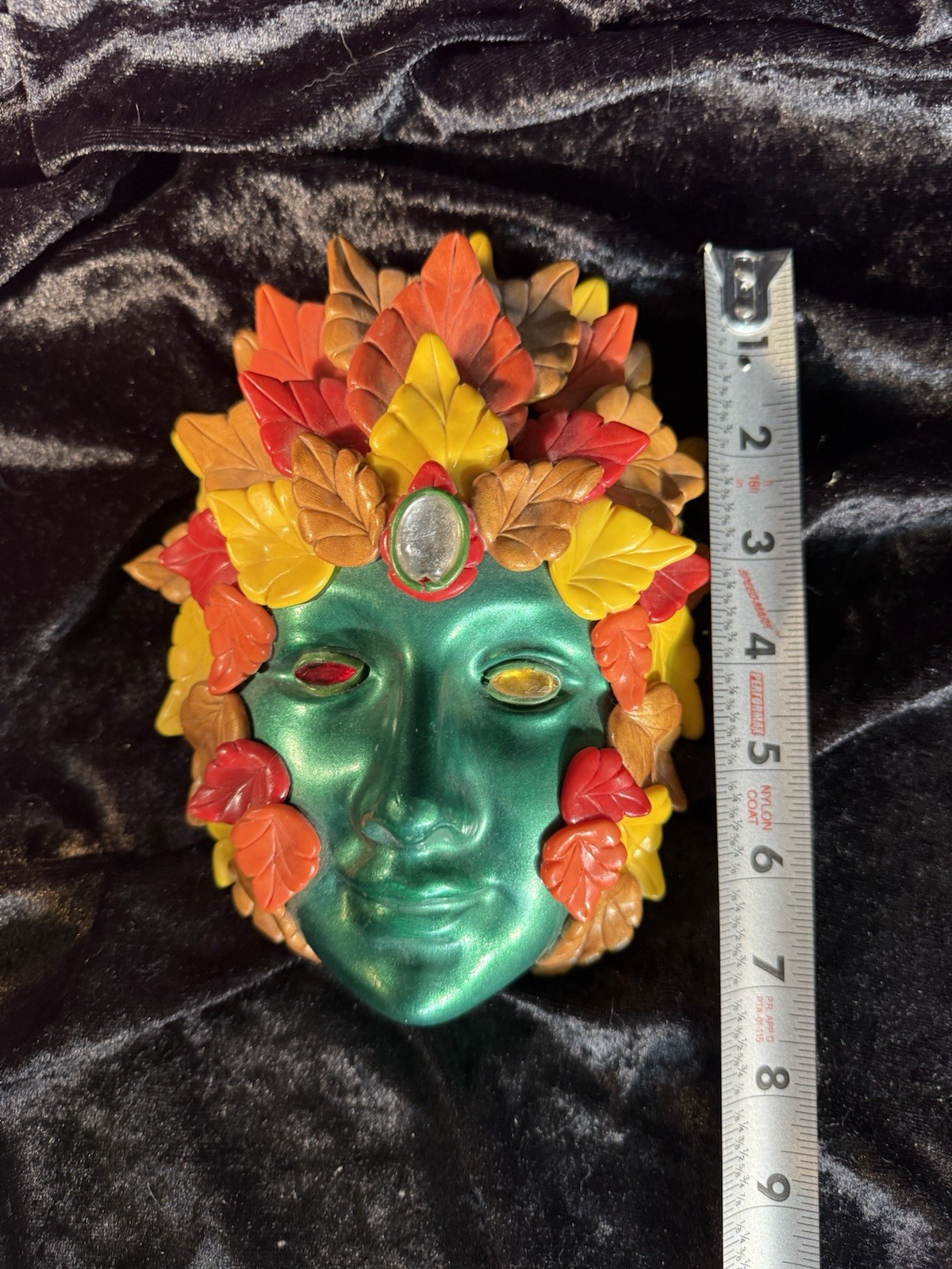 Green Man Face Tree Man Mythical Wall Sculpture Mask Jeweled Eyes and Forehead