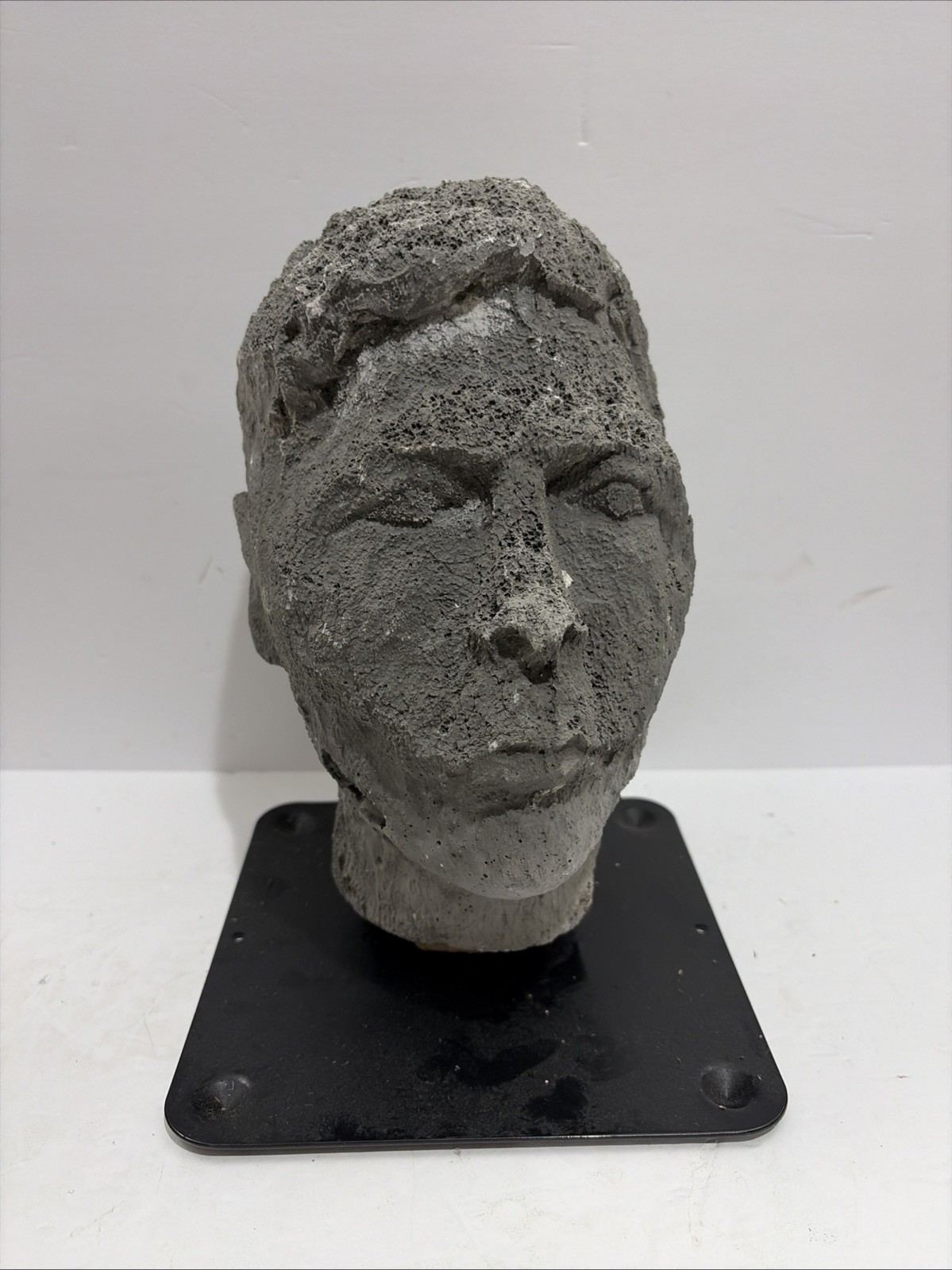 Rare Lava Rock LifeSize Man Face Bust Sculpture With Metal Base Folk Art!
