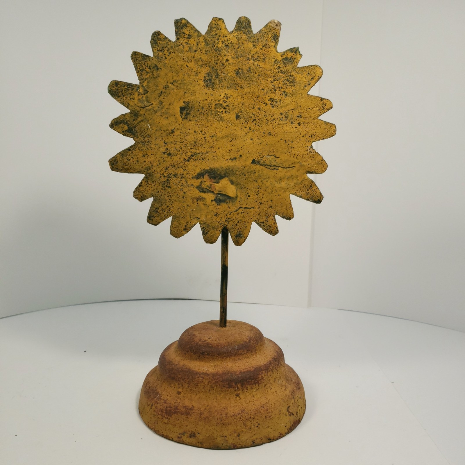 Cast Stoneware Art Sun Face and Base Folk Sculpture on Metal Post Indoor Outdoor