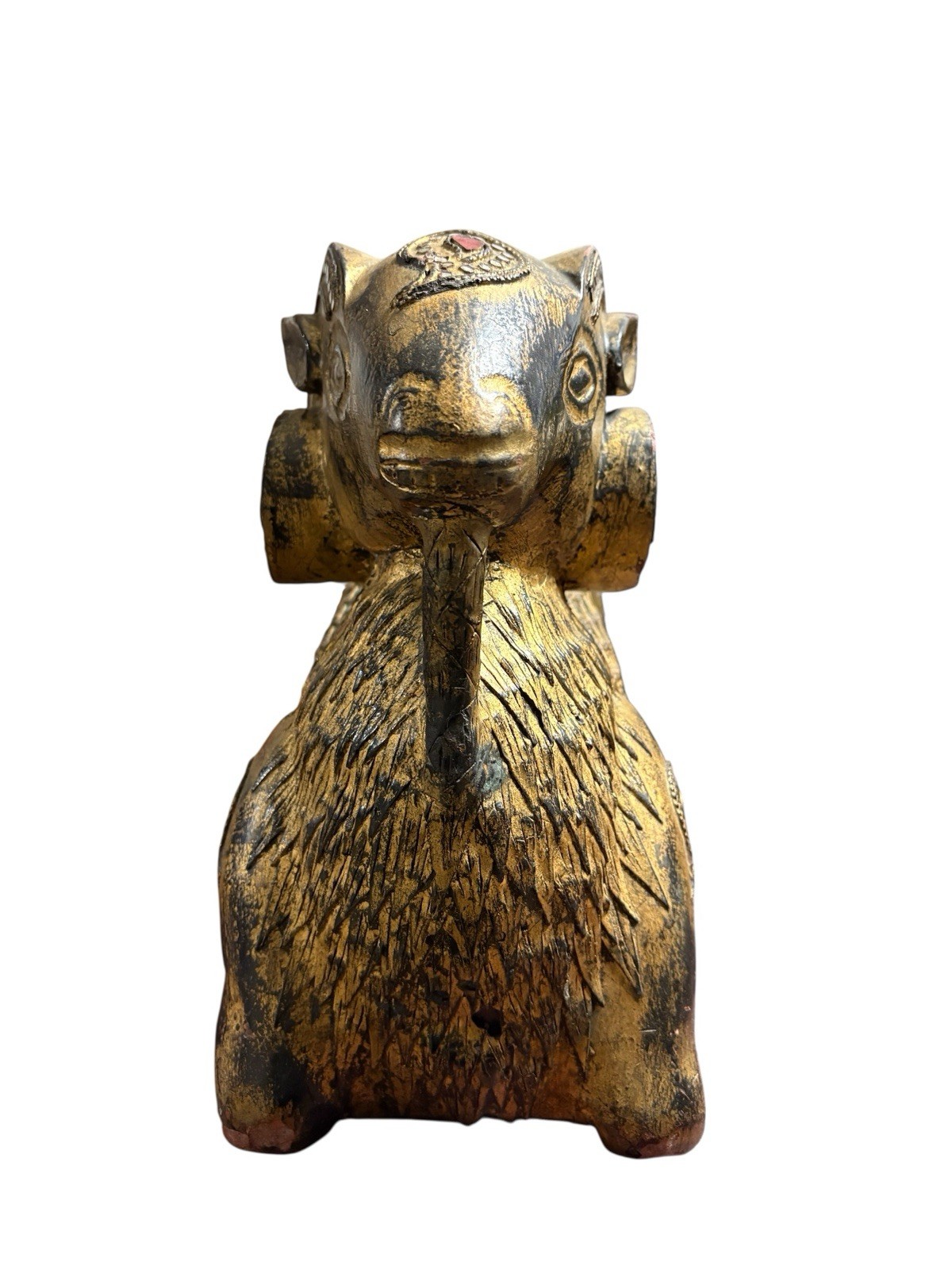 Antique Indian Gilt Wooden carved Ram Sculpture 11” Tall 15” Length By 6” Wide