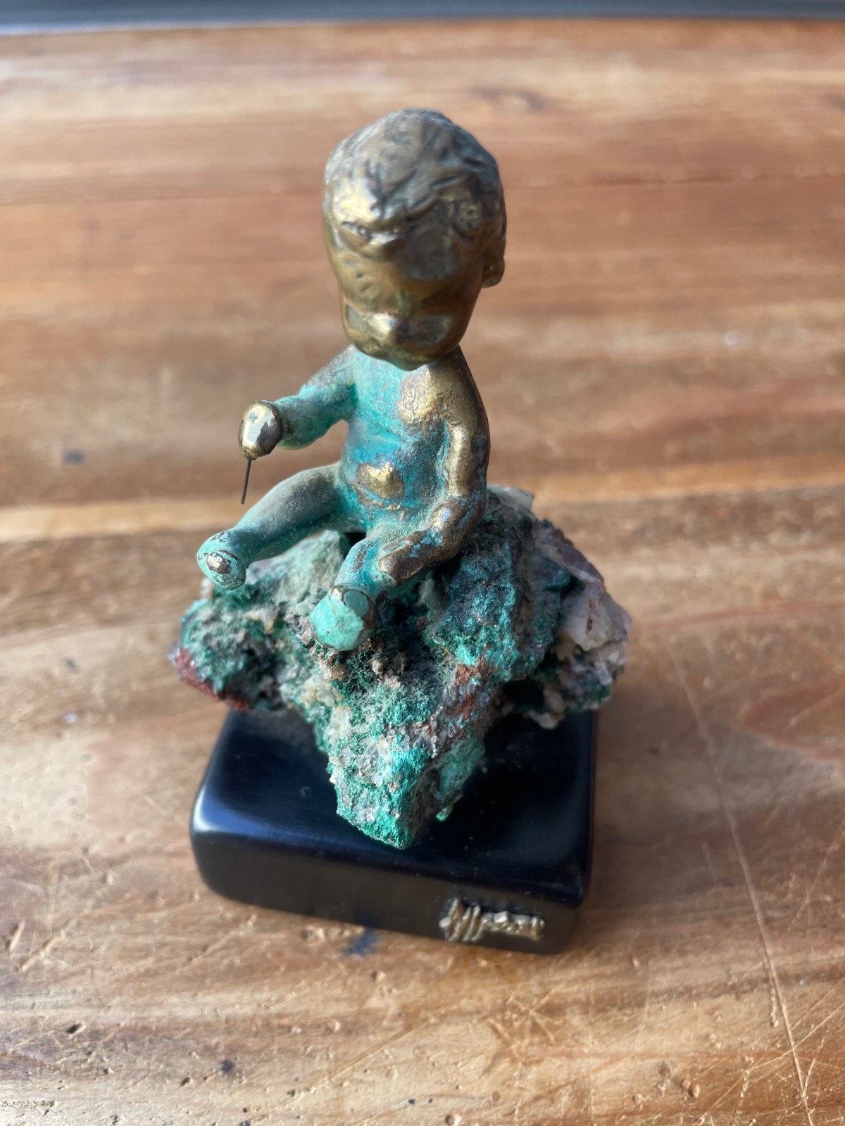 Vintage Malcolm Moran Bronze Sculpture Child Sitting On Geode Modernist 3.75&Prime;