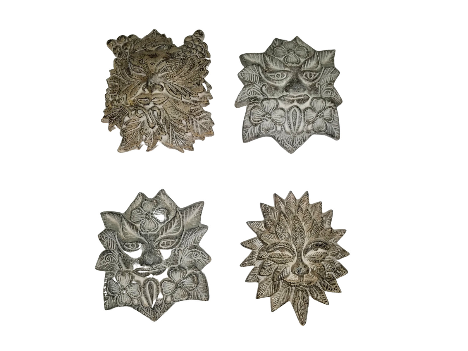 Set of 4 Handcrafted Metal Leaf Man Tree Man Greenman Hanging Wall Sculptures