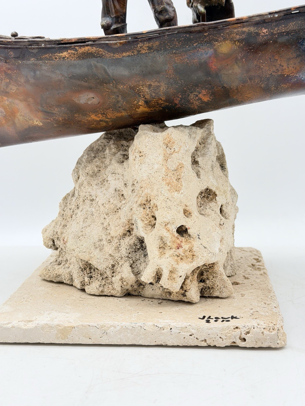 Jim Lewk Brutalist Metal Fisherman Boat Sculpture Signed 2010 Coral Base MCM Art