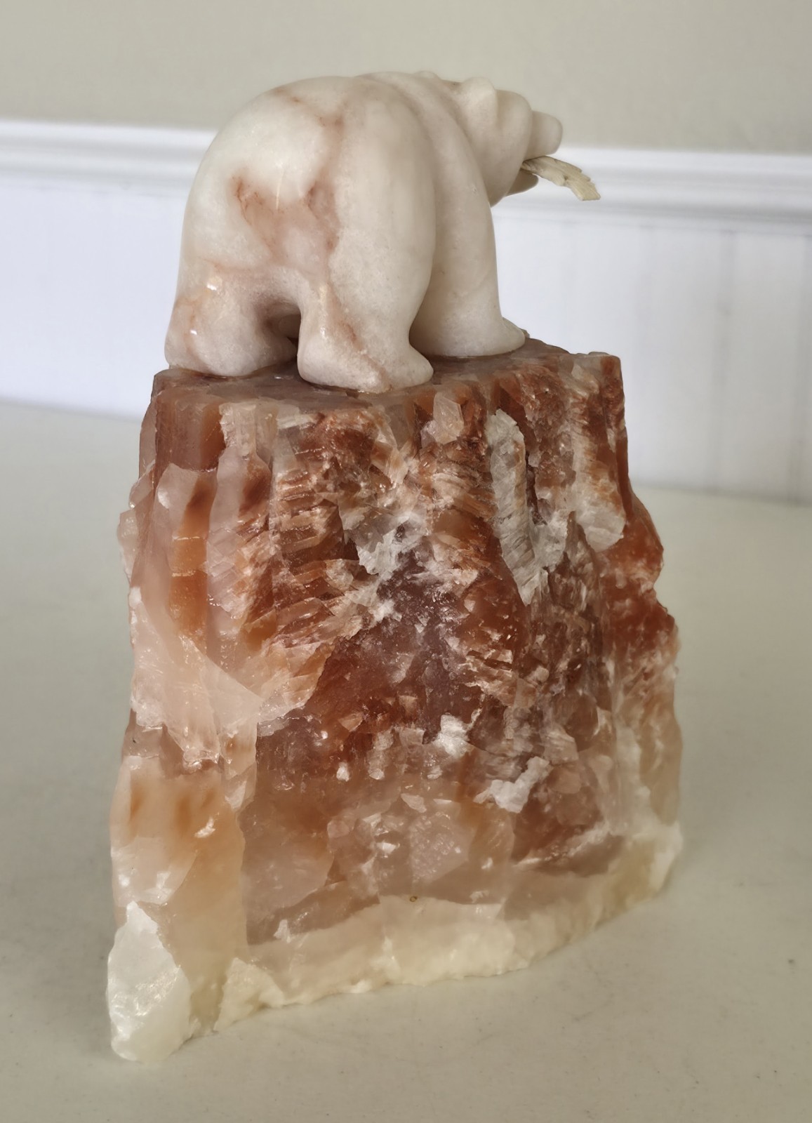 Eddie Lee SIGNED Carved 8&Prime; Alabaster Bear w/ Fish on Red Calcite Base – OOAK