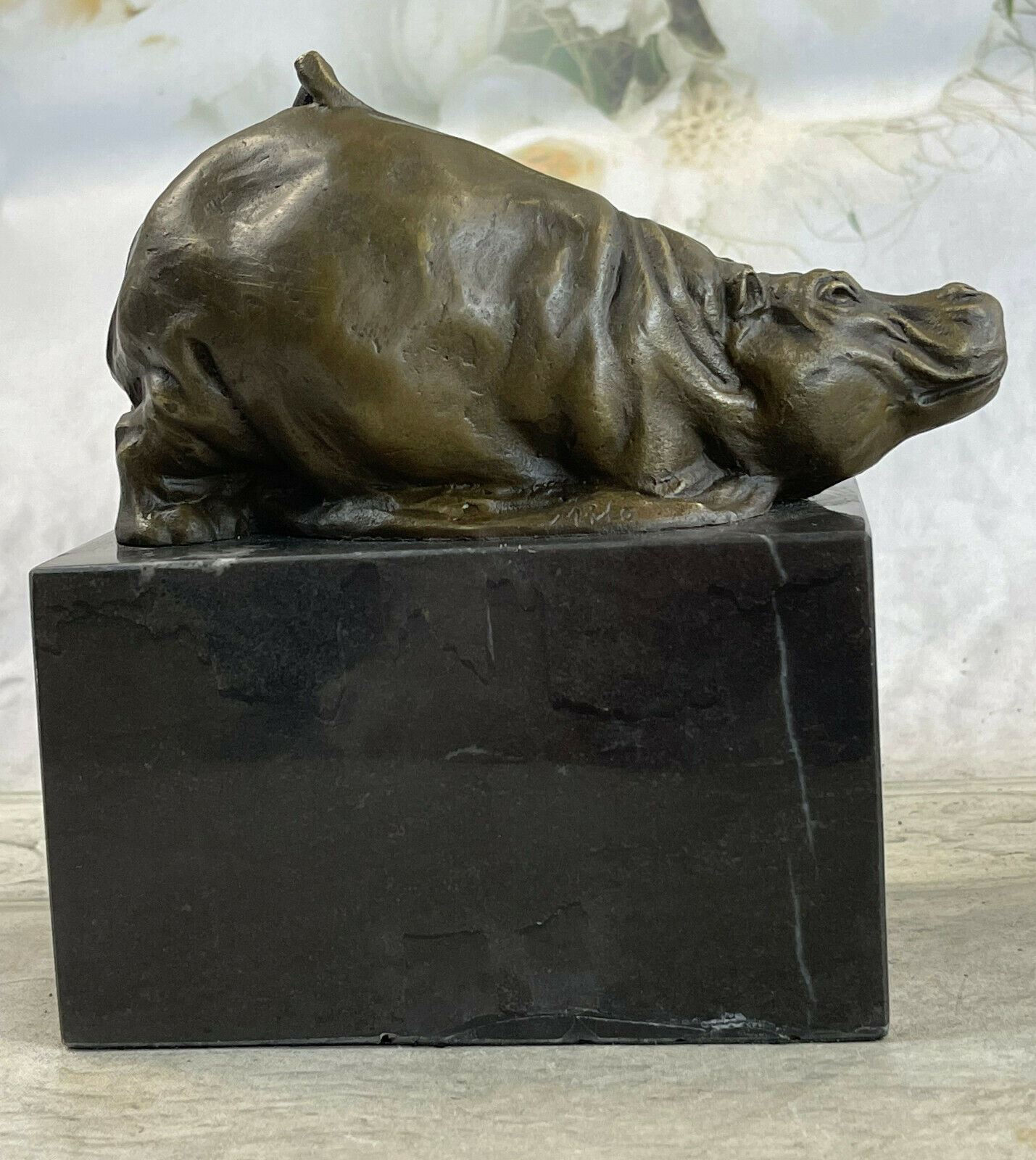 Vintage Handmade Solid Bronze Casting Copper Lovely Mini Hippo Statue Figurine