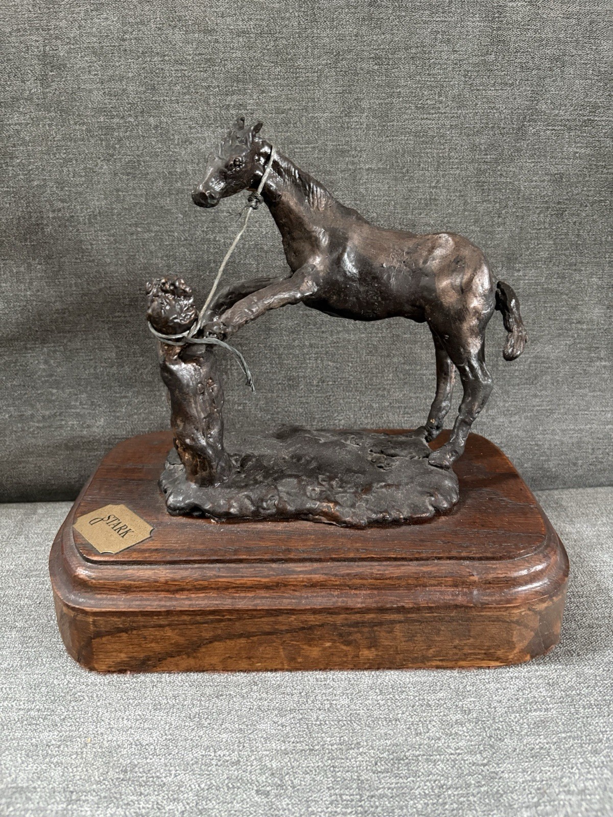 Vintage Bronze Horse Hitching Post on Oak base by Donald Stark Montana 1934-2019