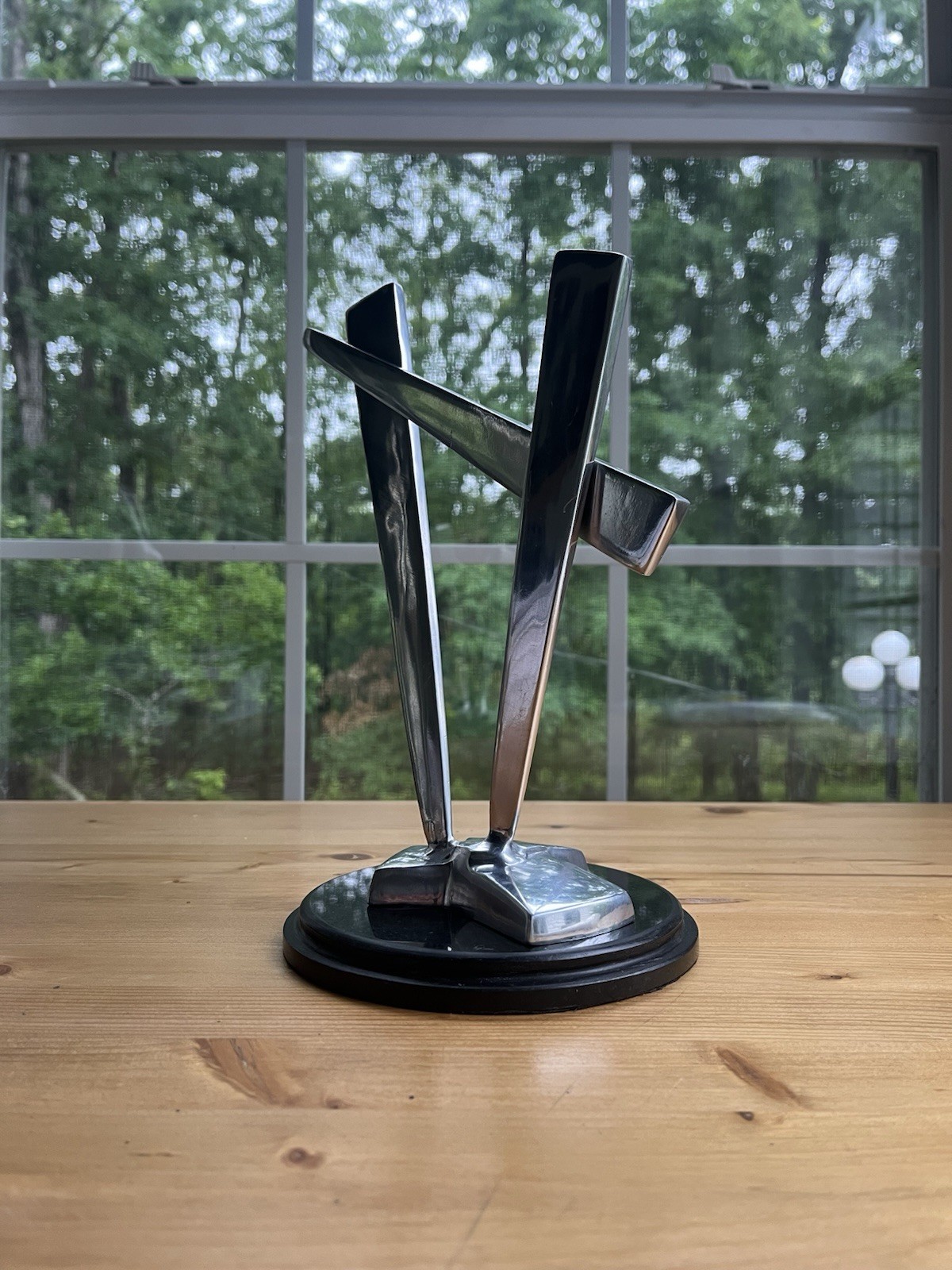 Modernist Abstract Crafted From Polished Stainless Steel Sculpture W/ Black Base
