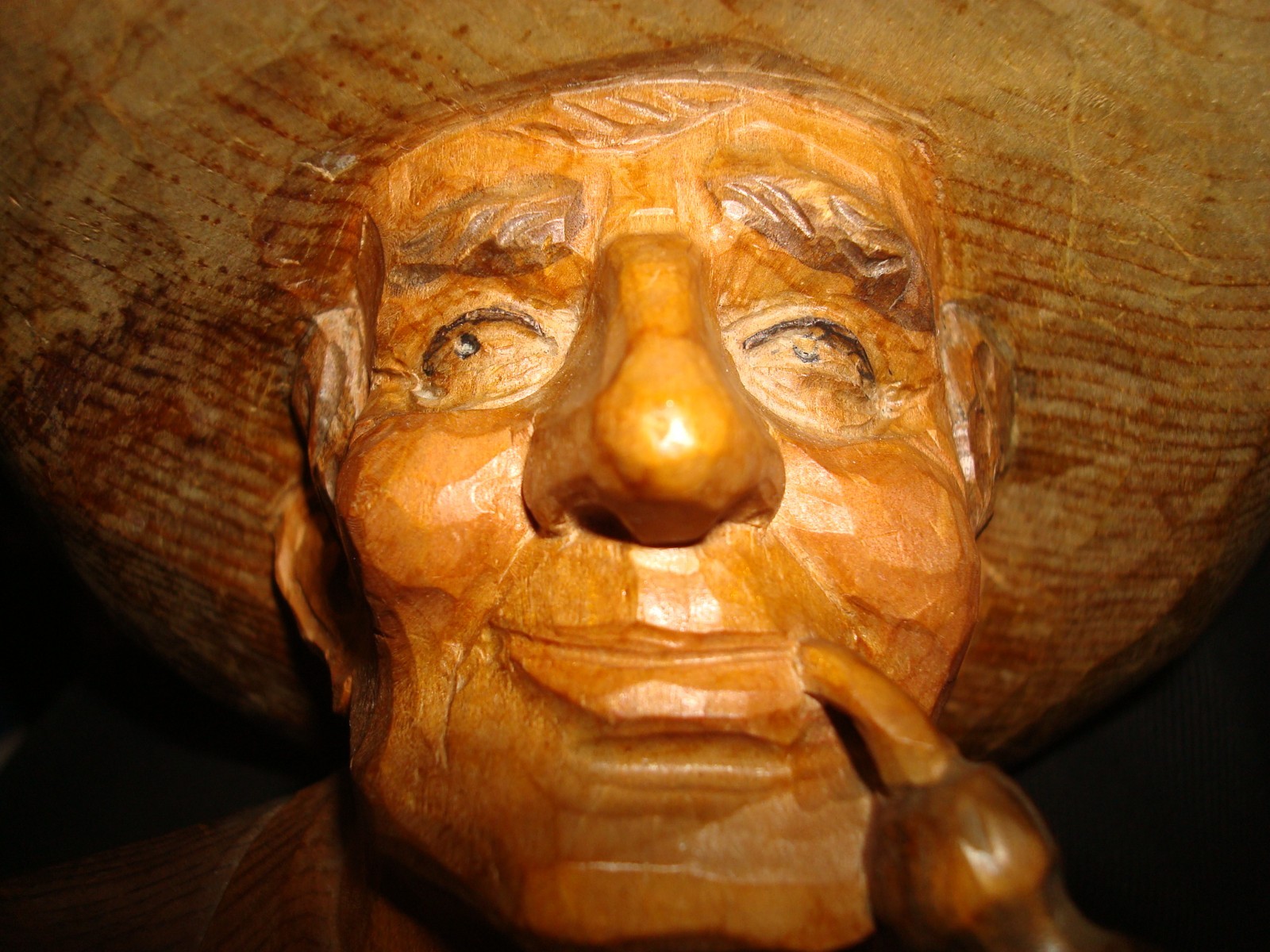 Vtg Primative Wood Carving Country Man Bust – German Man Sculpture w/ Pipe & Hat