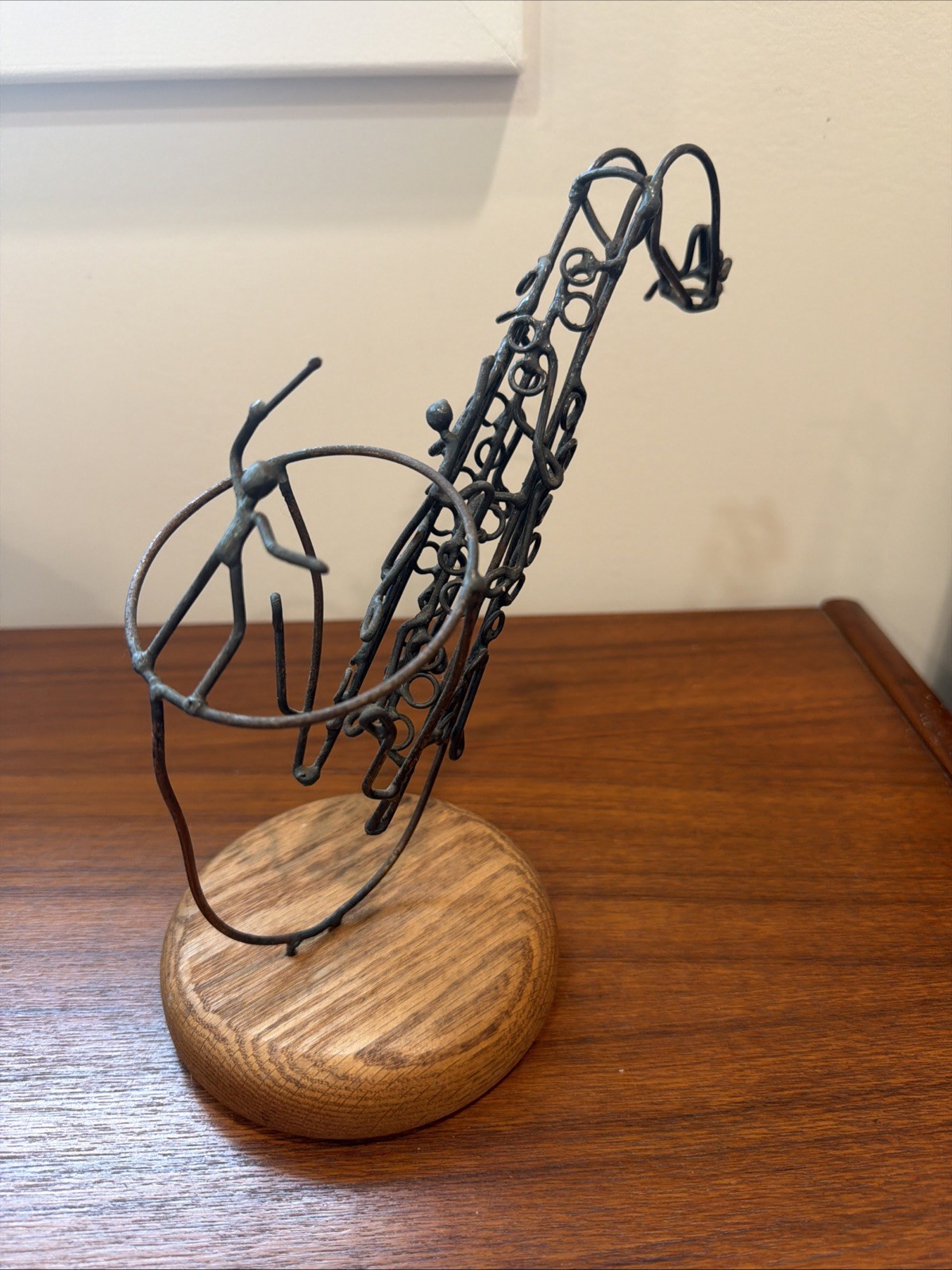 Metal Wire Saxophone Sculpture Handmade Modernist Wood Base
