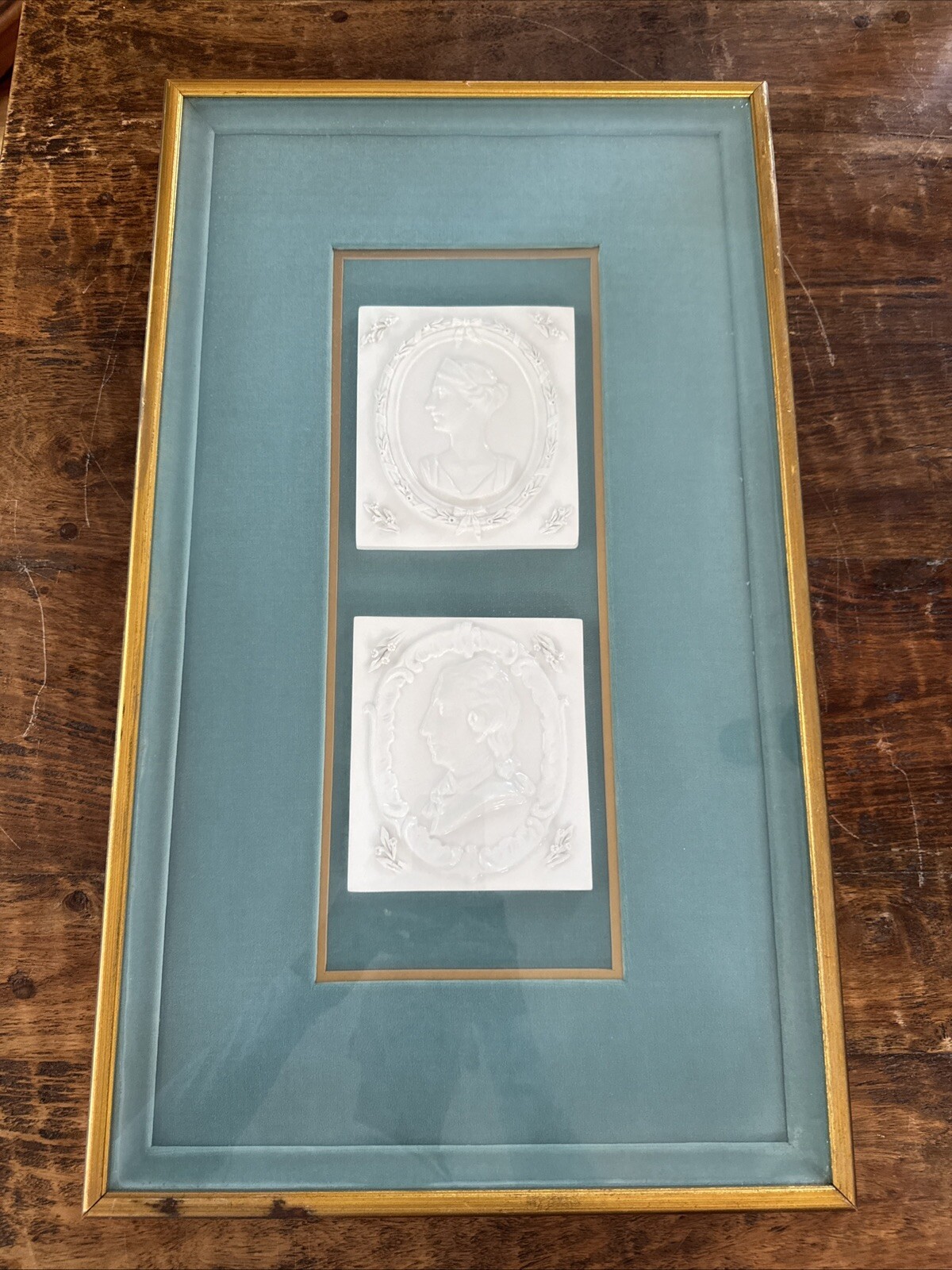 One Pair of Gold Framed and Green Matted Vintage Bas Relief Tiles 26.75&Prime;x15.75&Prime;