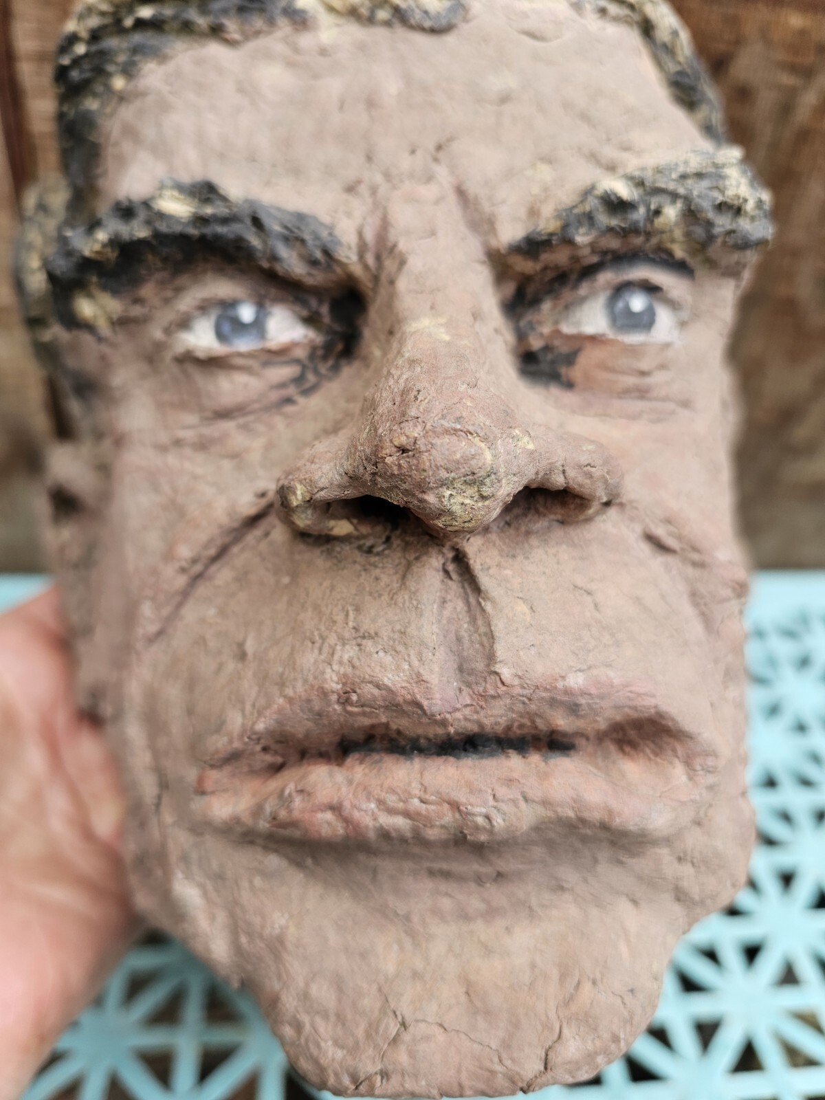 ANTIQUE W.A. SNURE MASK SCULPTURE HANDMADE PAPER MACHE FOLK ART 10&Prime;