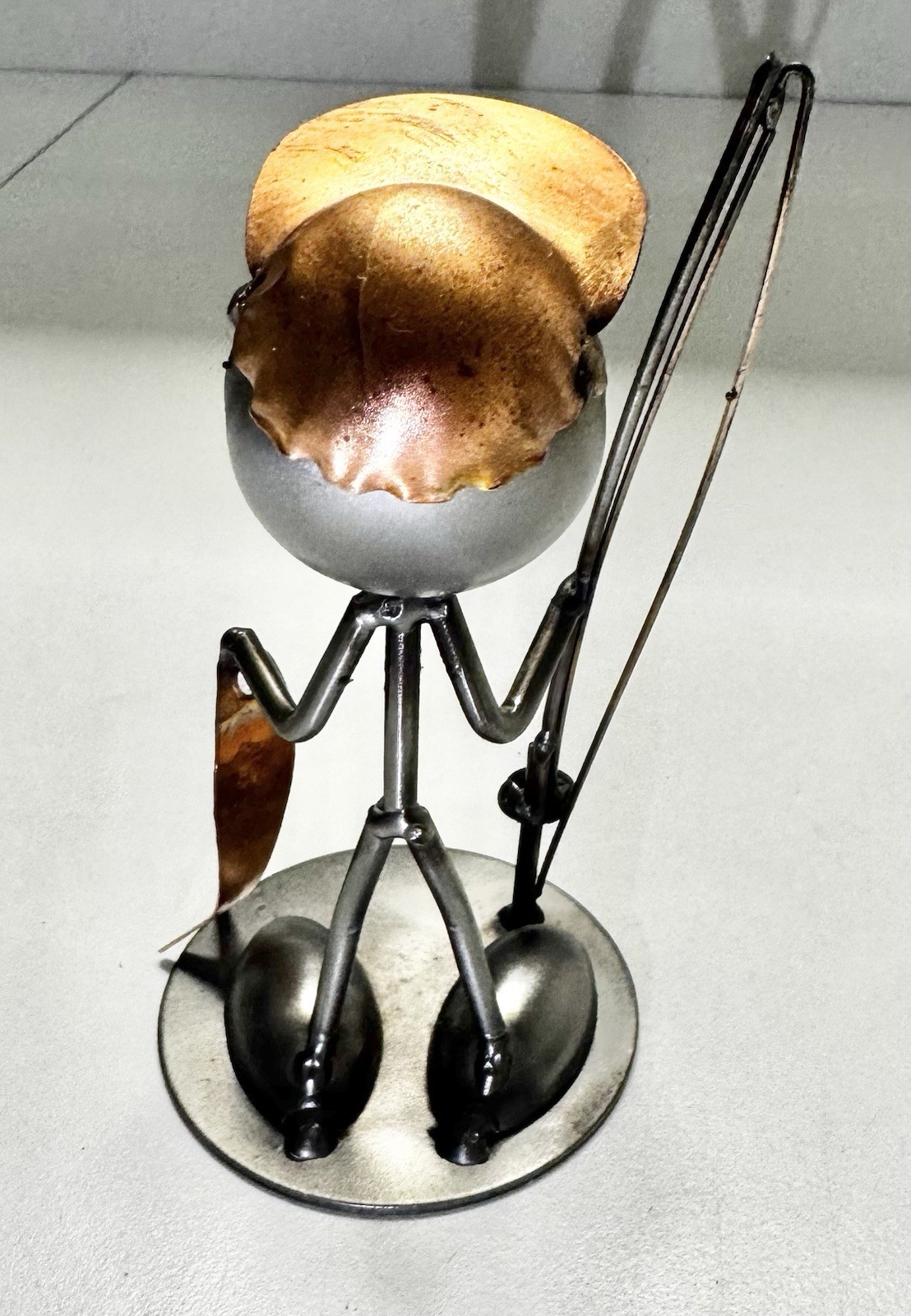 Art Metal Sculpture Fishing Figurine Copper Hat and Fish Steel