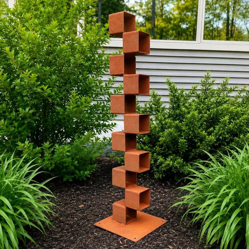 Tall Geometric Garden Sculpture – 45” Rusted Steel Cube Column, Modern Yard Art