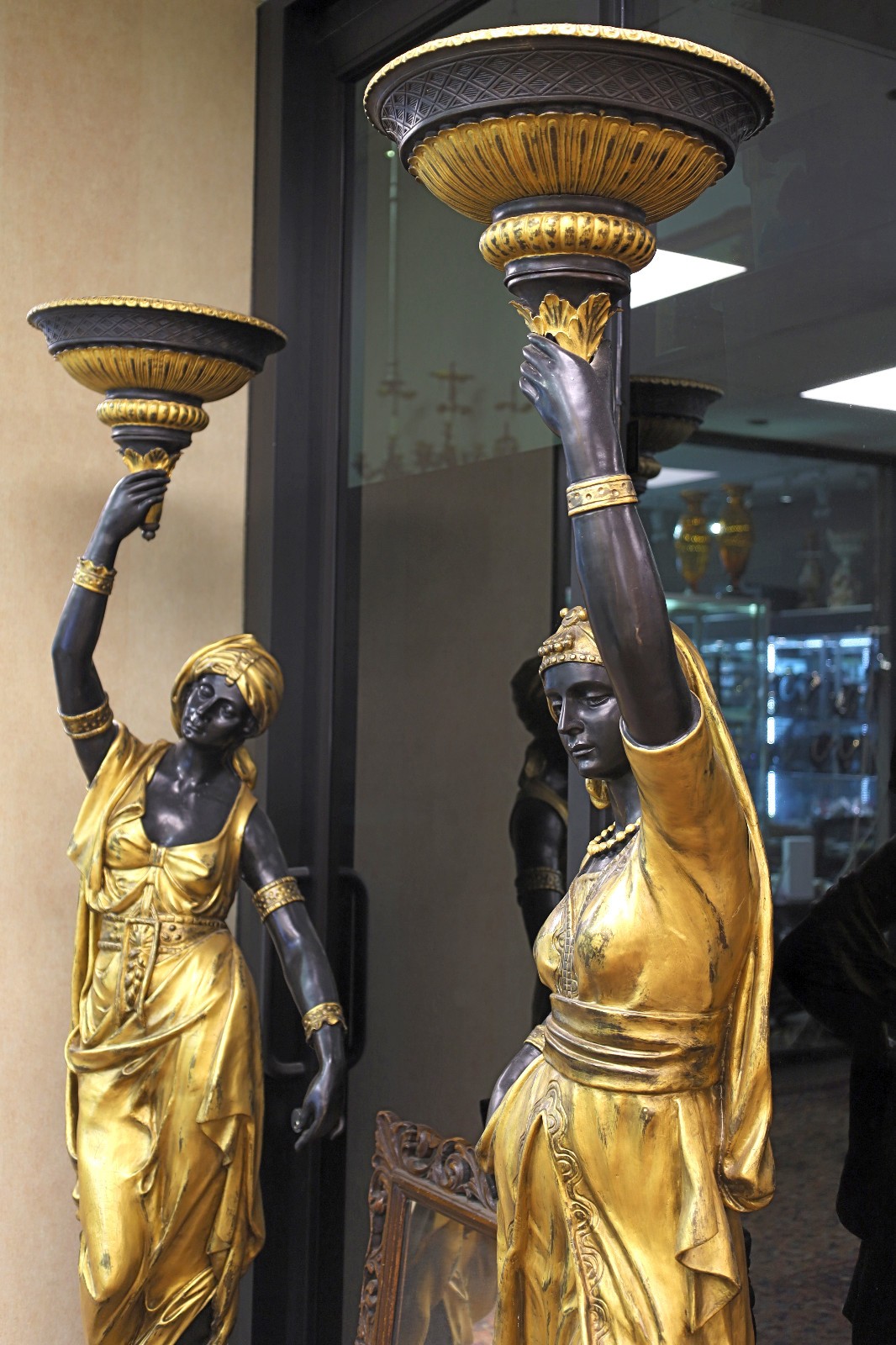 Pair of Bronze Nubian Female Statues, Torchere Standing Lamps, Free USA Shipping