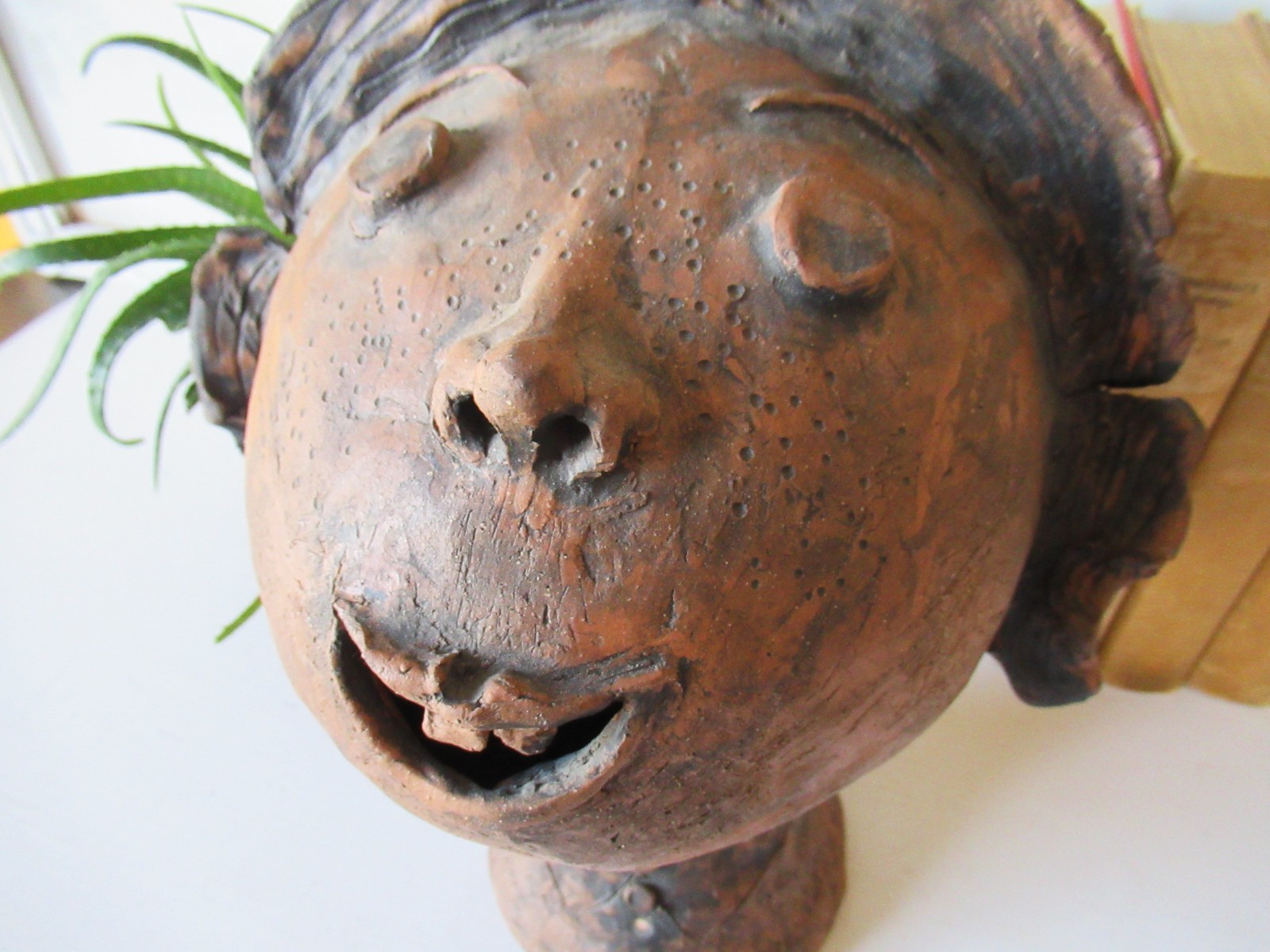 Vintage terracotta whimsical sculpture of young girls head 1970s art pottery