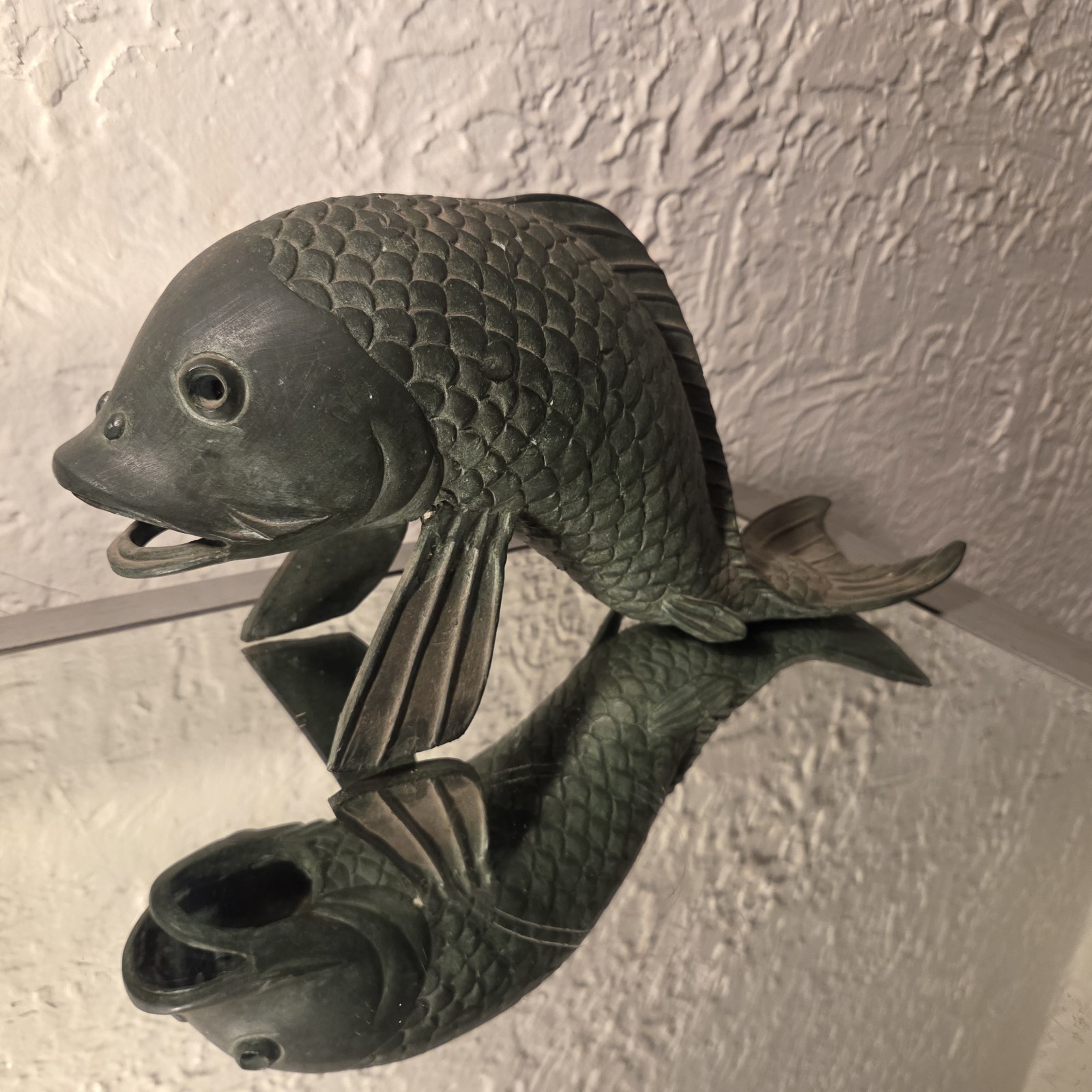 Vintage Bronze Koi Fish Fountain Sculpture with Open Mouth