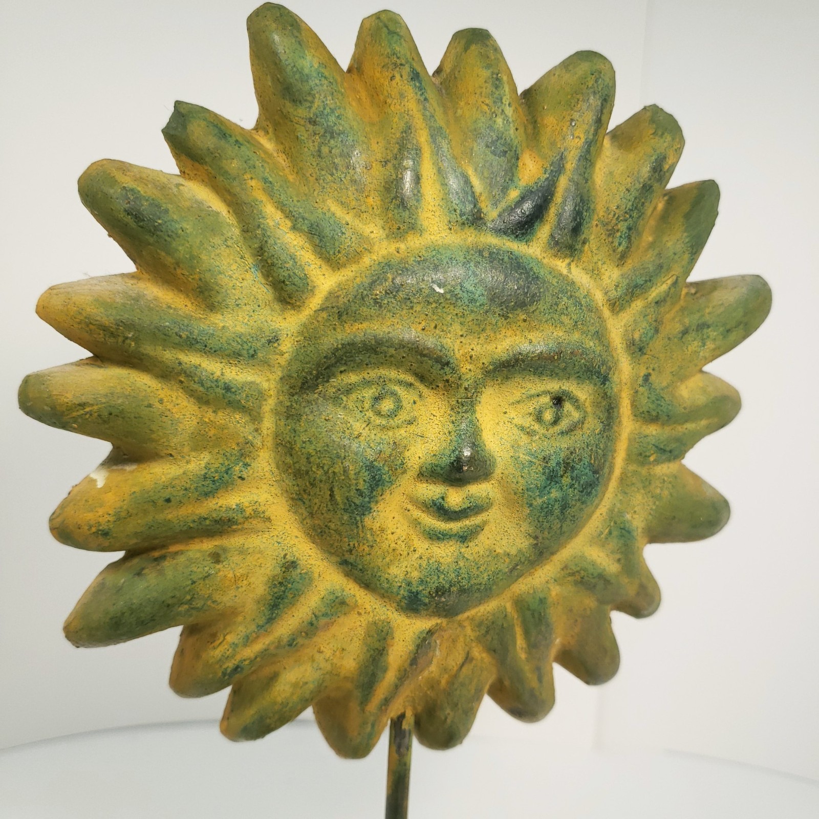 Cast Stoneware Art Sun Face and Base Folk Sculpture on Metal Post Indoor Outdoor