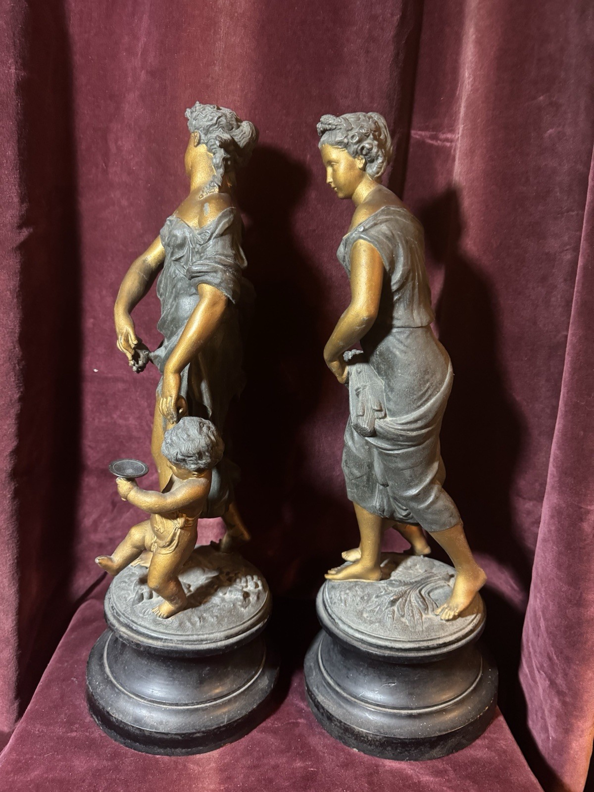 A Large Pair of Antique French Bronzed Spelter Allegorical Sculptures