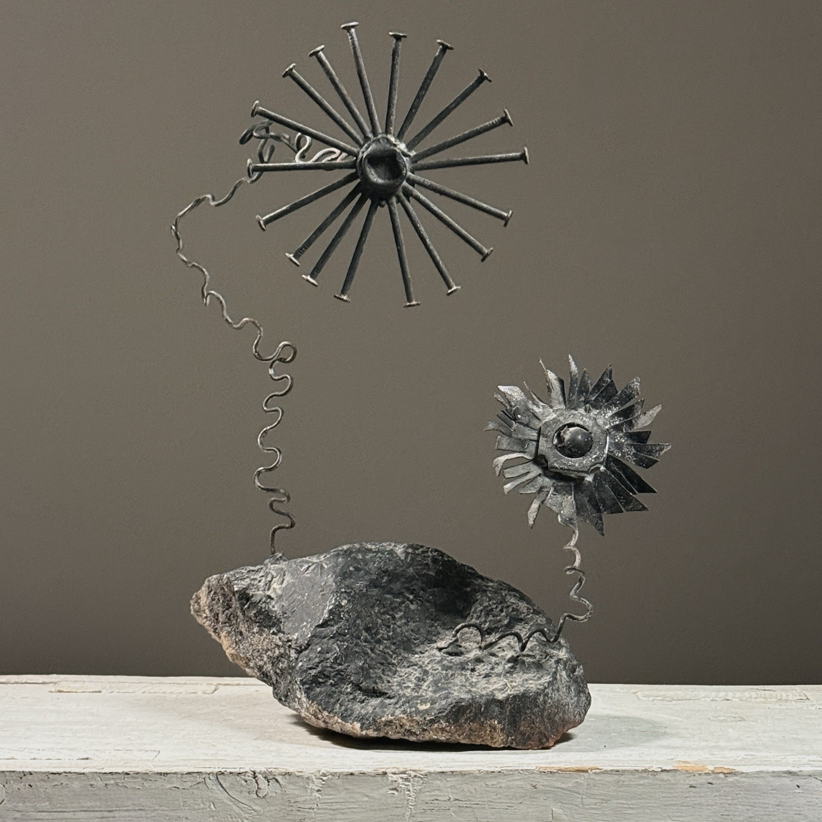 Vintage Brutalist Outsider Metal Flowers and Rock Sculpture