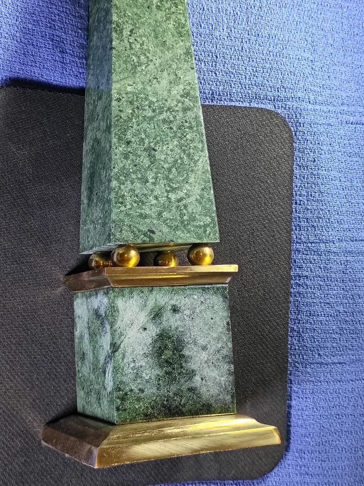 Vintage Green Marble Brass Obelisk Sculpture 15.5”