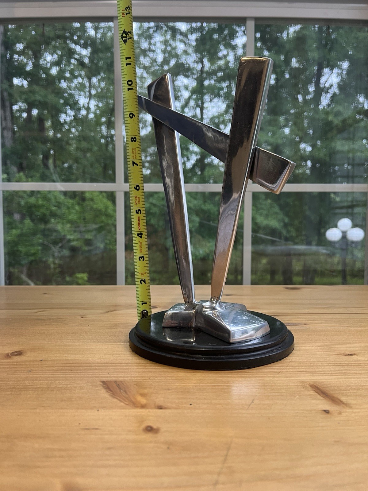 Modernist Abstract Crafted From Polished Stainless Steel Sculpture W/ Black Base
