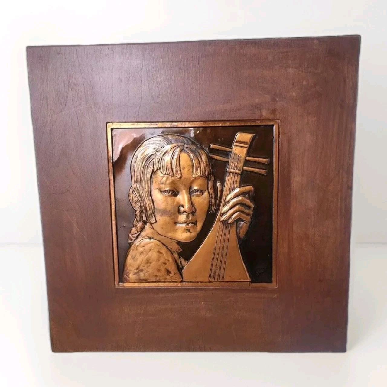 Bruce Fox Copper Mid Century Aluminum Sculpture Portrait with Mandolin Wall Art