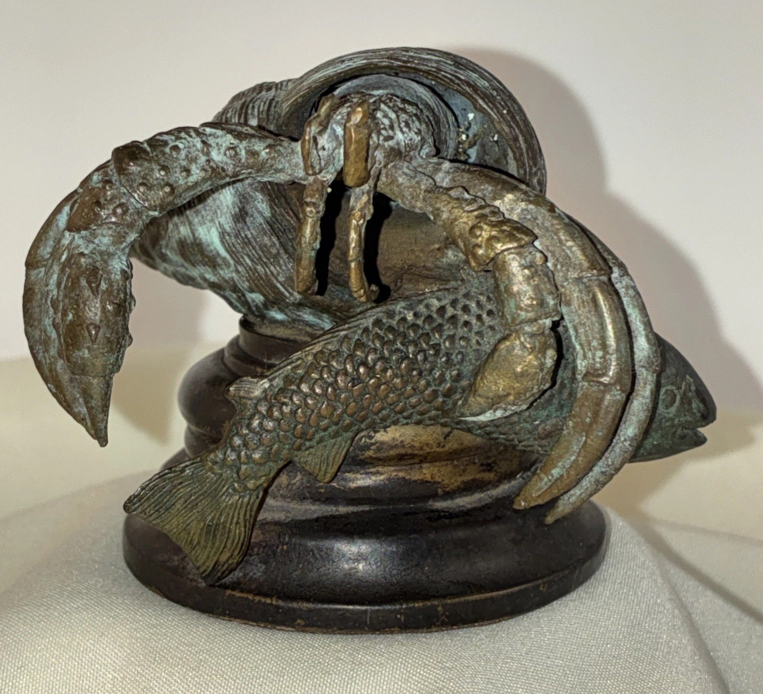Vintage 1980’s Mainland Smith Handmade Bronze Hermit Crab With Fish Statue