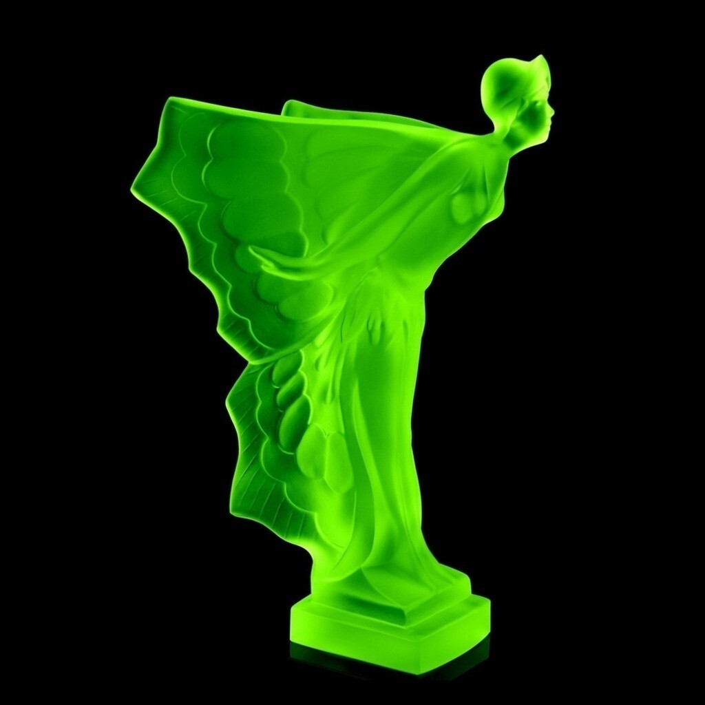 1930&prime; H.Hoffmann Hood Ornament &lsquo; Flying Lady &lsquo; Green Uranium Glass Sculpture