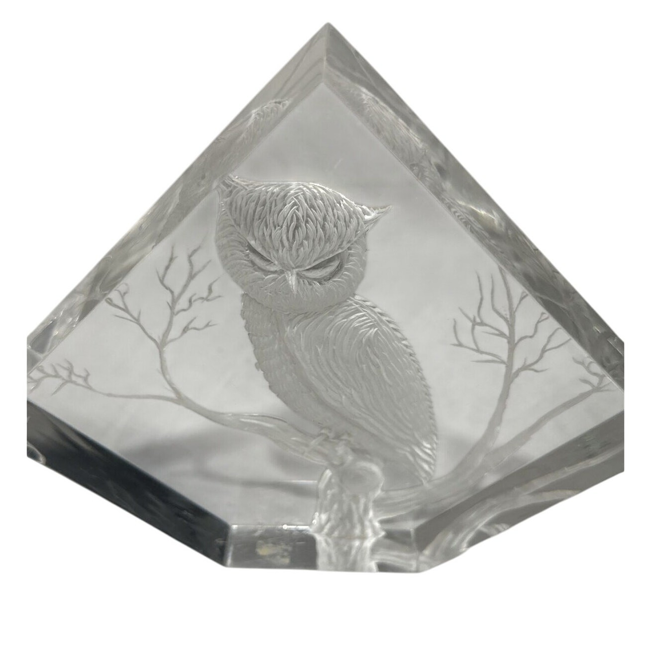 Michael Cox Modern Lucite Sculpture Reverse Hand Carved Paperweight Owl Signed